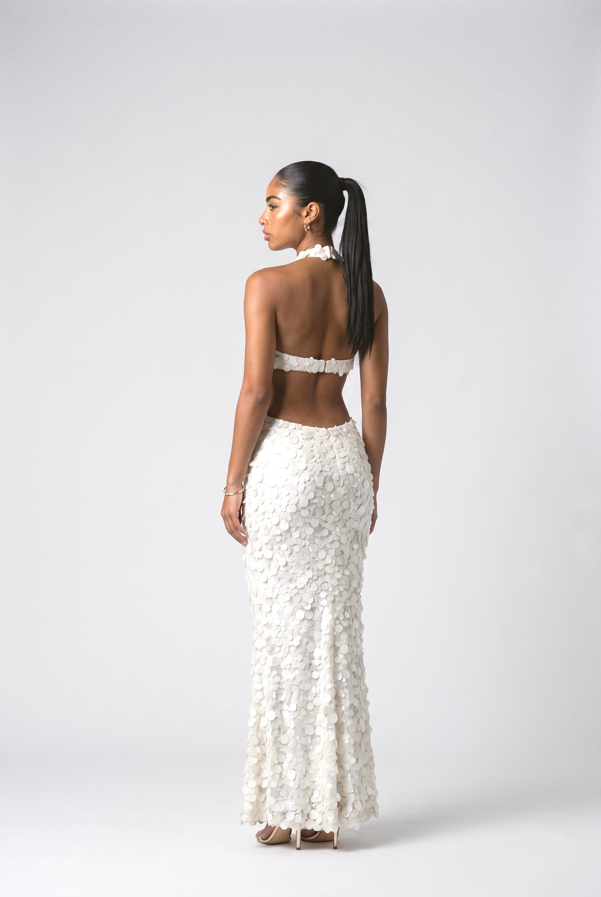 White Sequin Halter Neck Mermaid Maxi Dress, back view