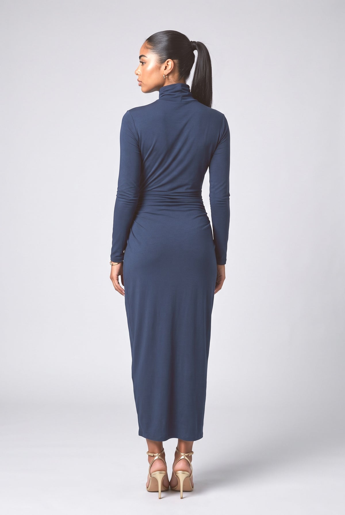 Navy Turtleneck Slit Midi Dress, back view