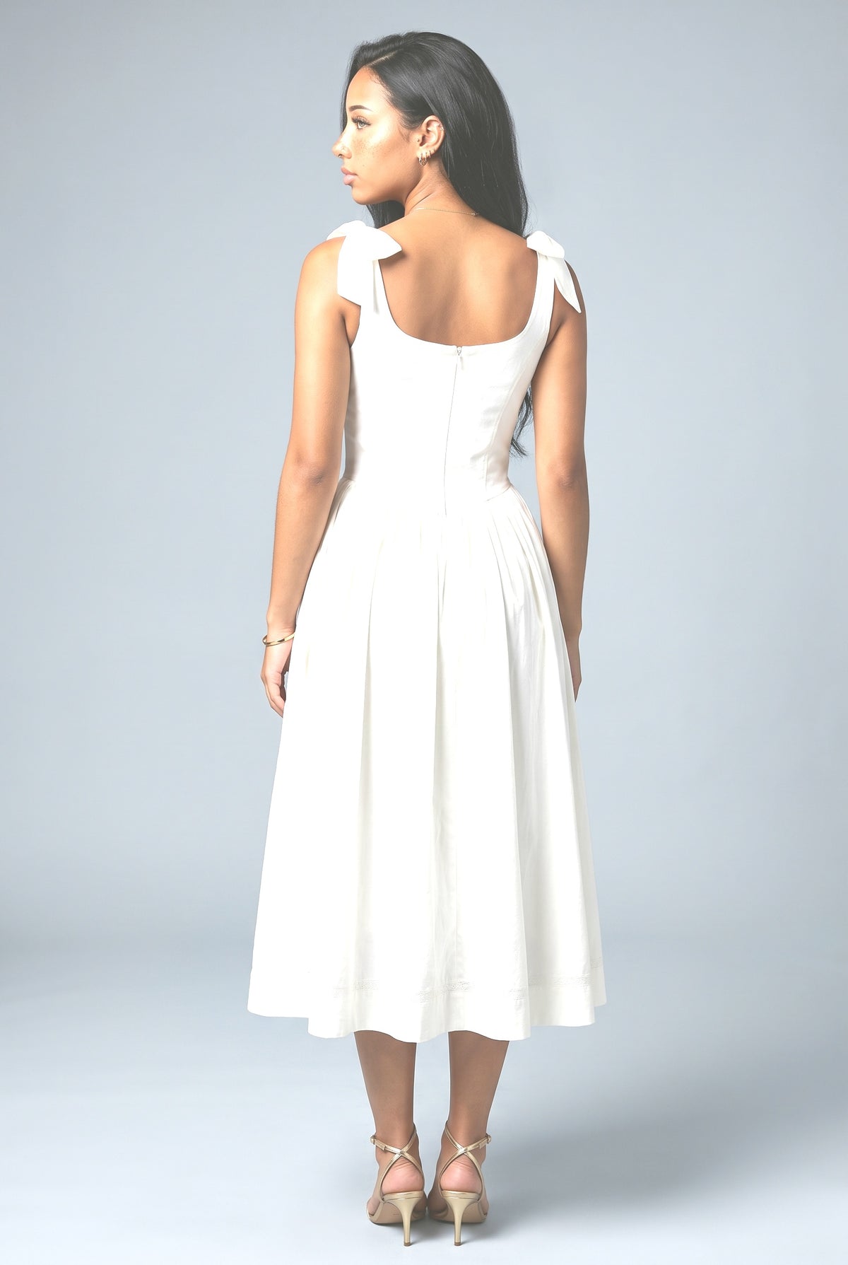 White Pleated Midi Dress, back view