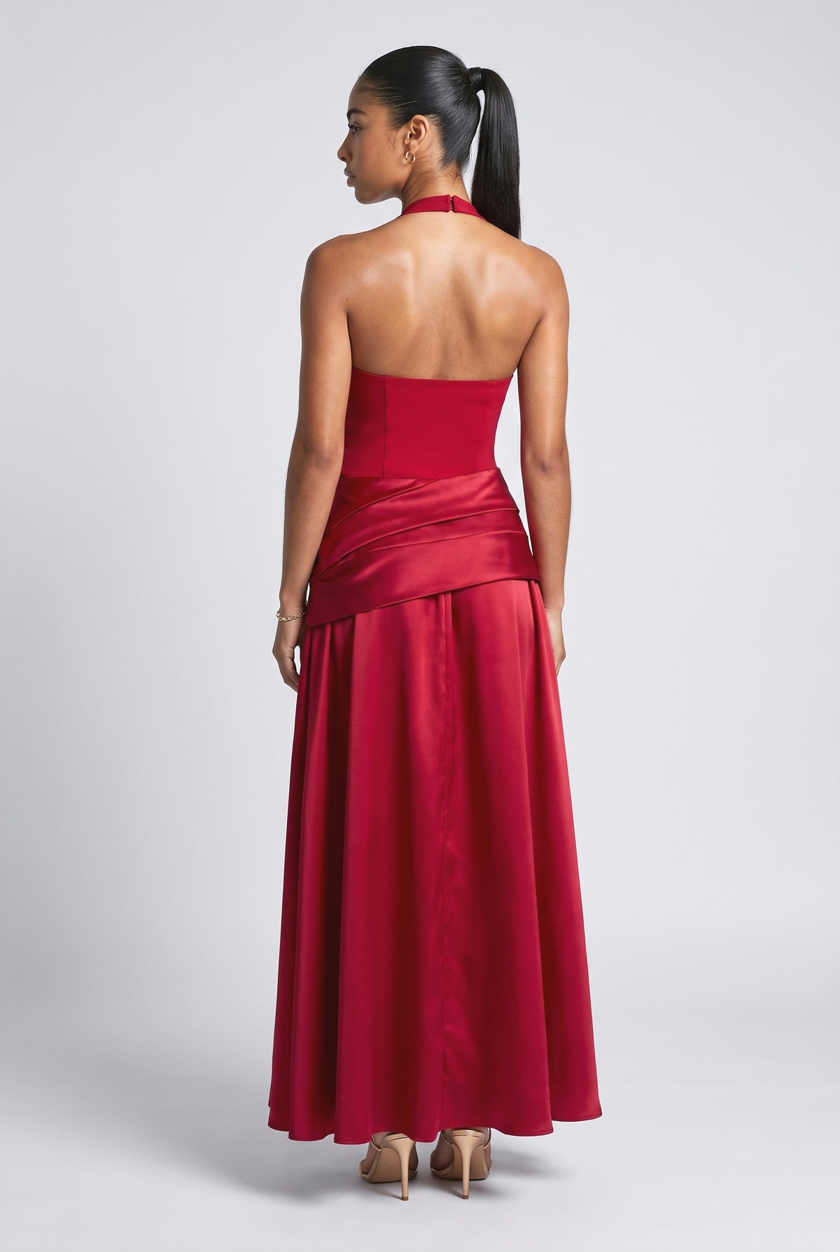 Satin Halter Neck Draped Outfit Set, back view