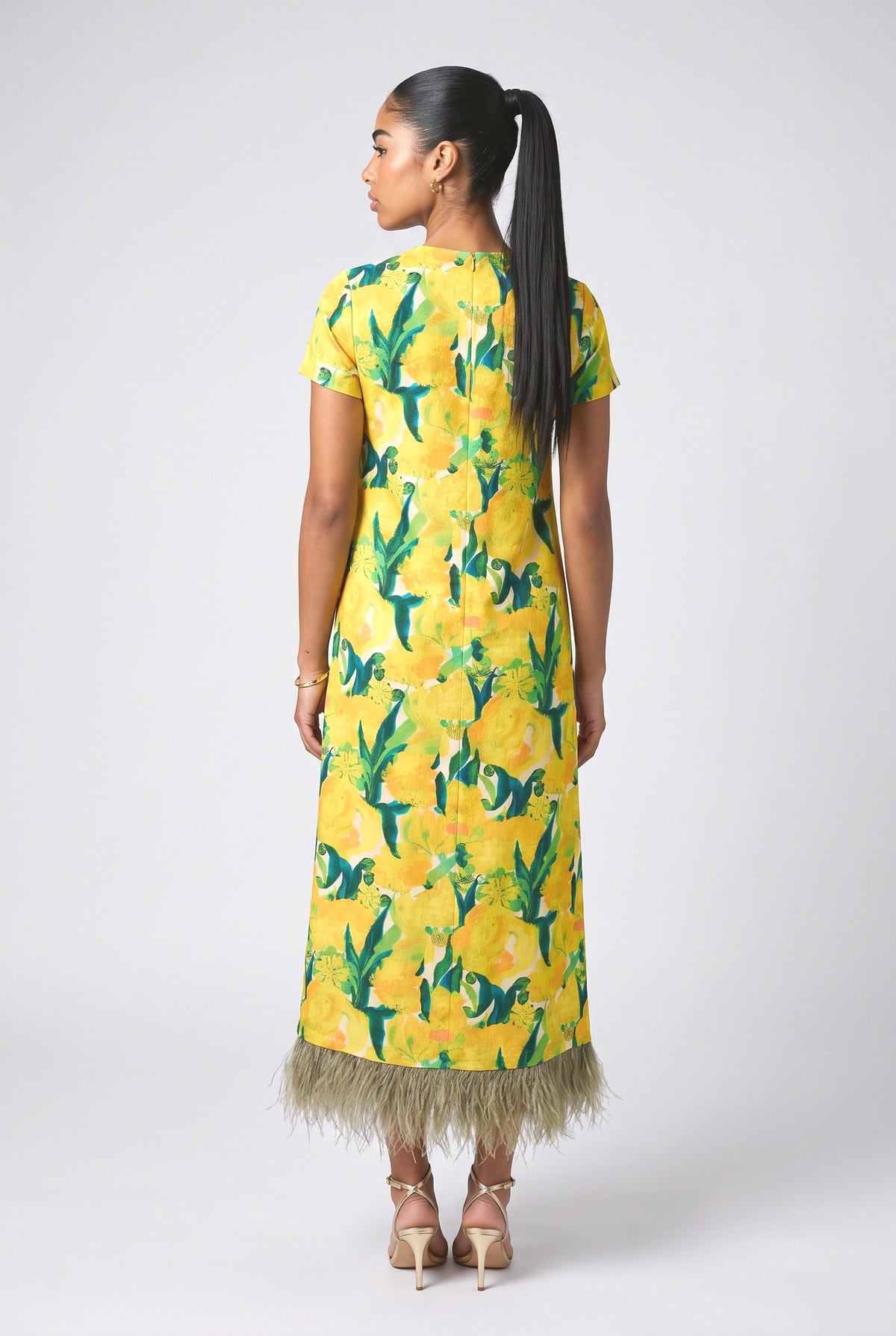 Lemon Blossom Print Feather Hem Midi Dress, back view