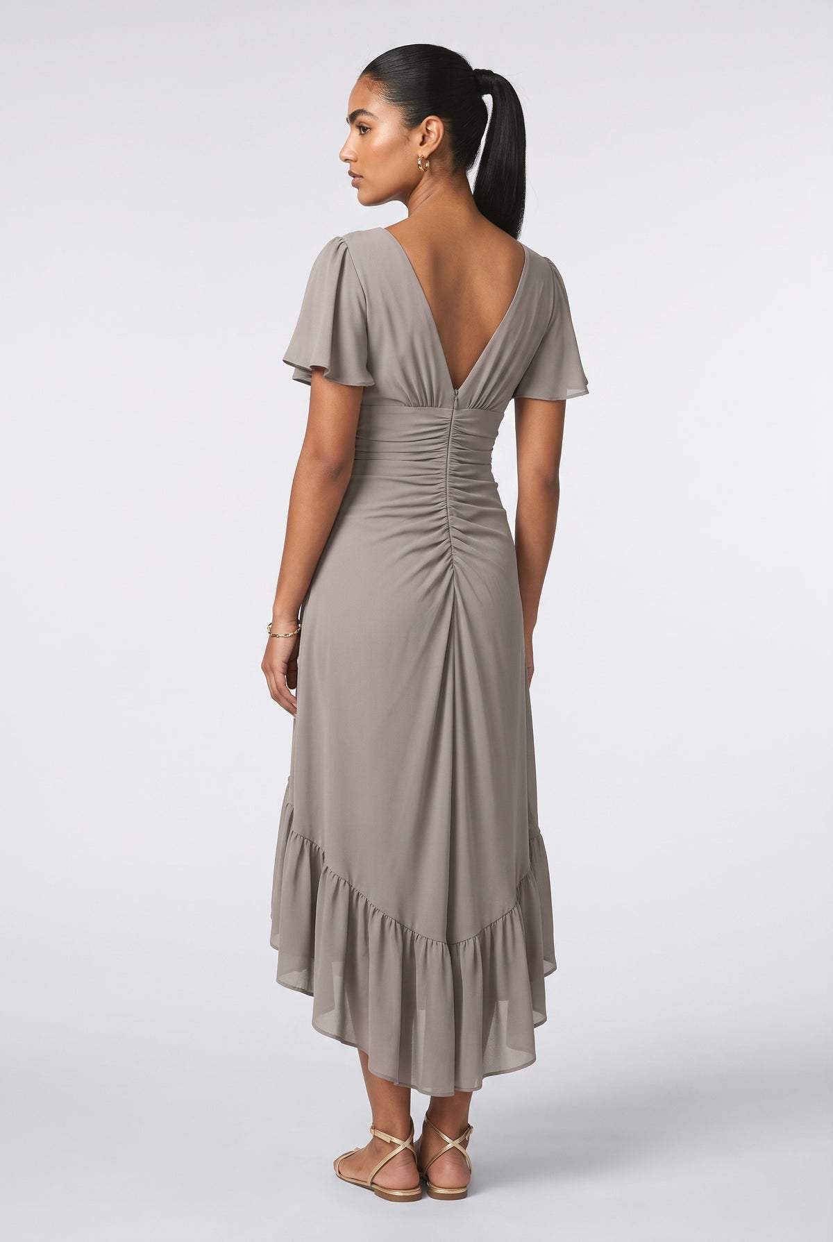Gray Lace Ruched Midi Dress, back view