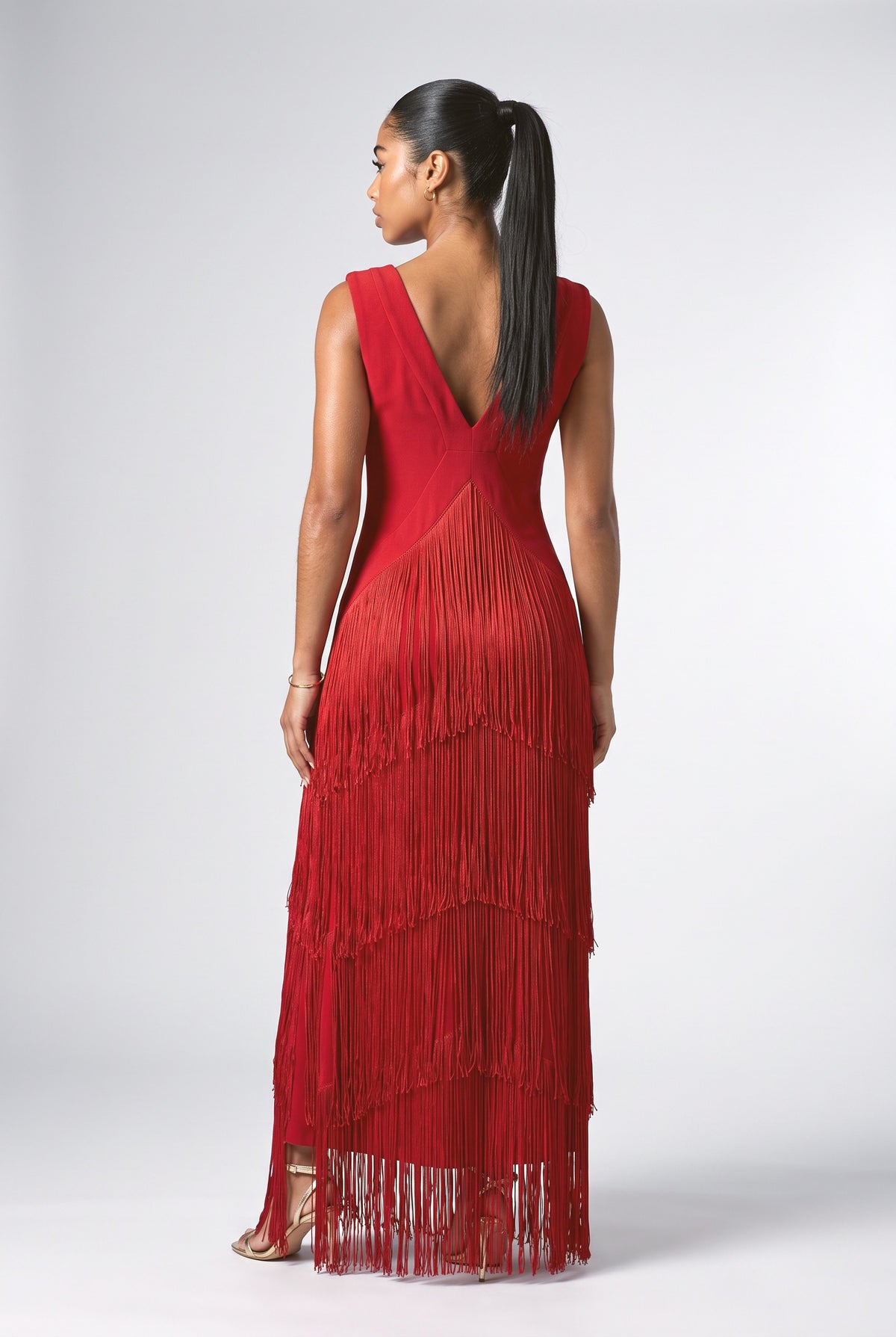 Red V-Neck Sleeveless Tiered Maxi Dress, back view