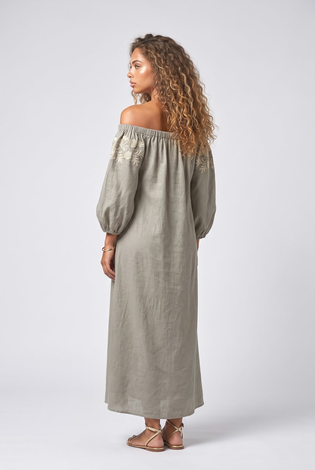Bohemian Floral Embroidered Off-Shoulder Maxi Dress, back view
