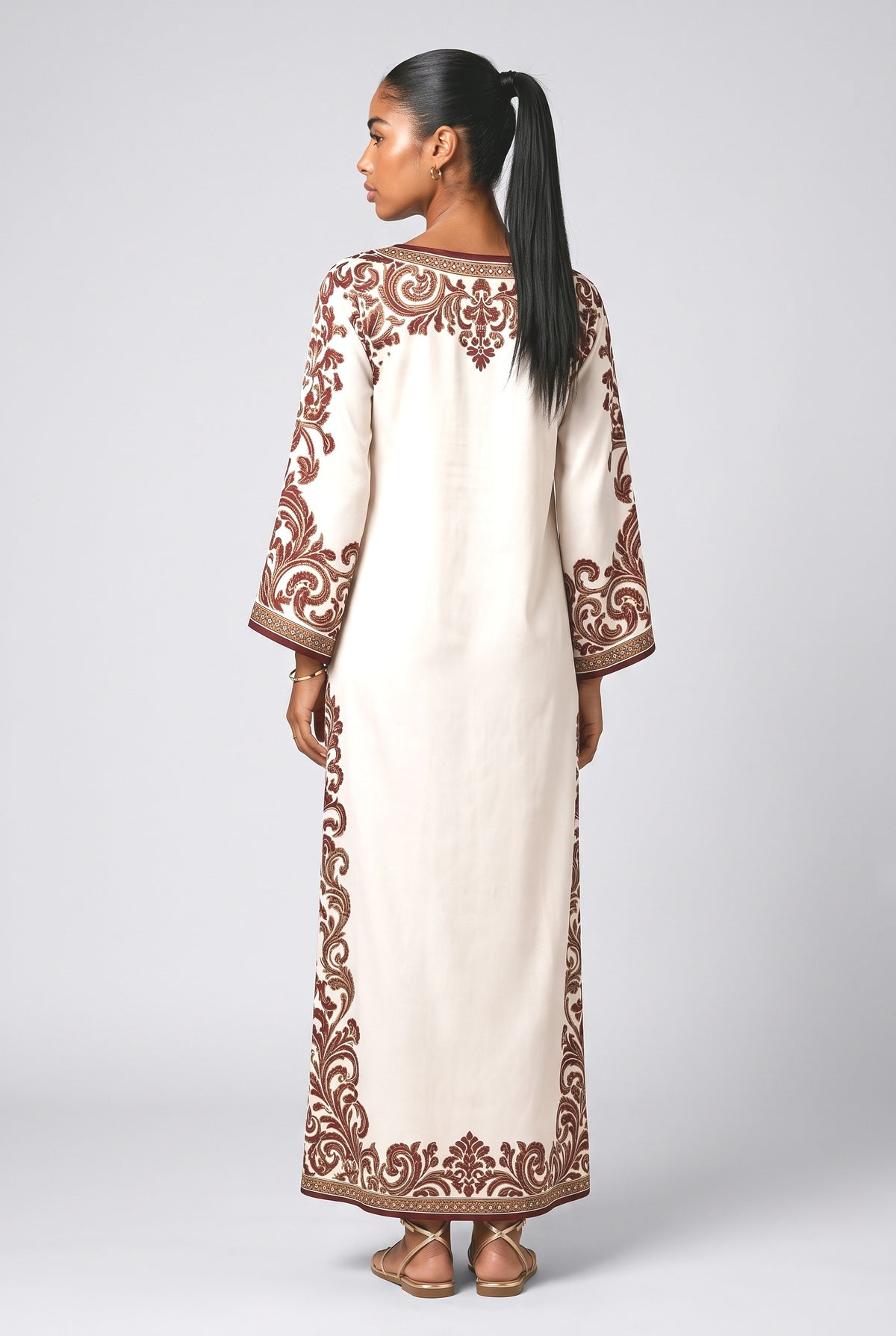 Beige Floral Satin Batwing Sleeve Maxi Dress, back view