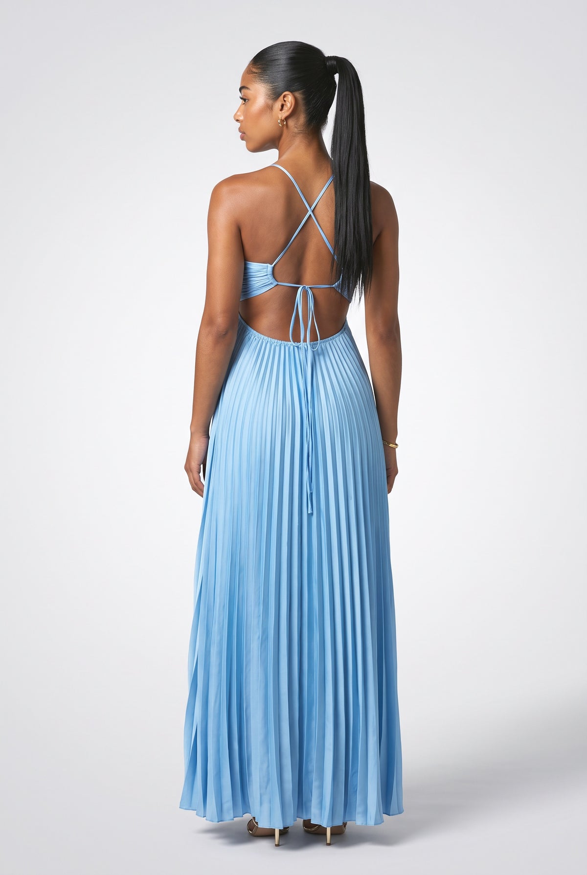 Blue Pleated Maxi Dress, back view