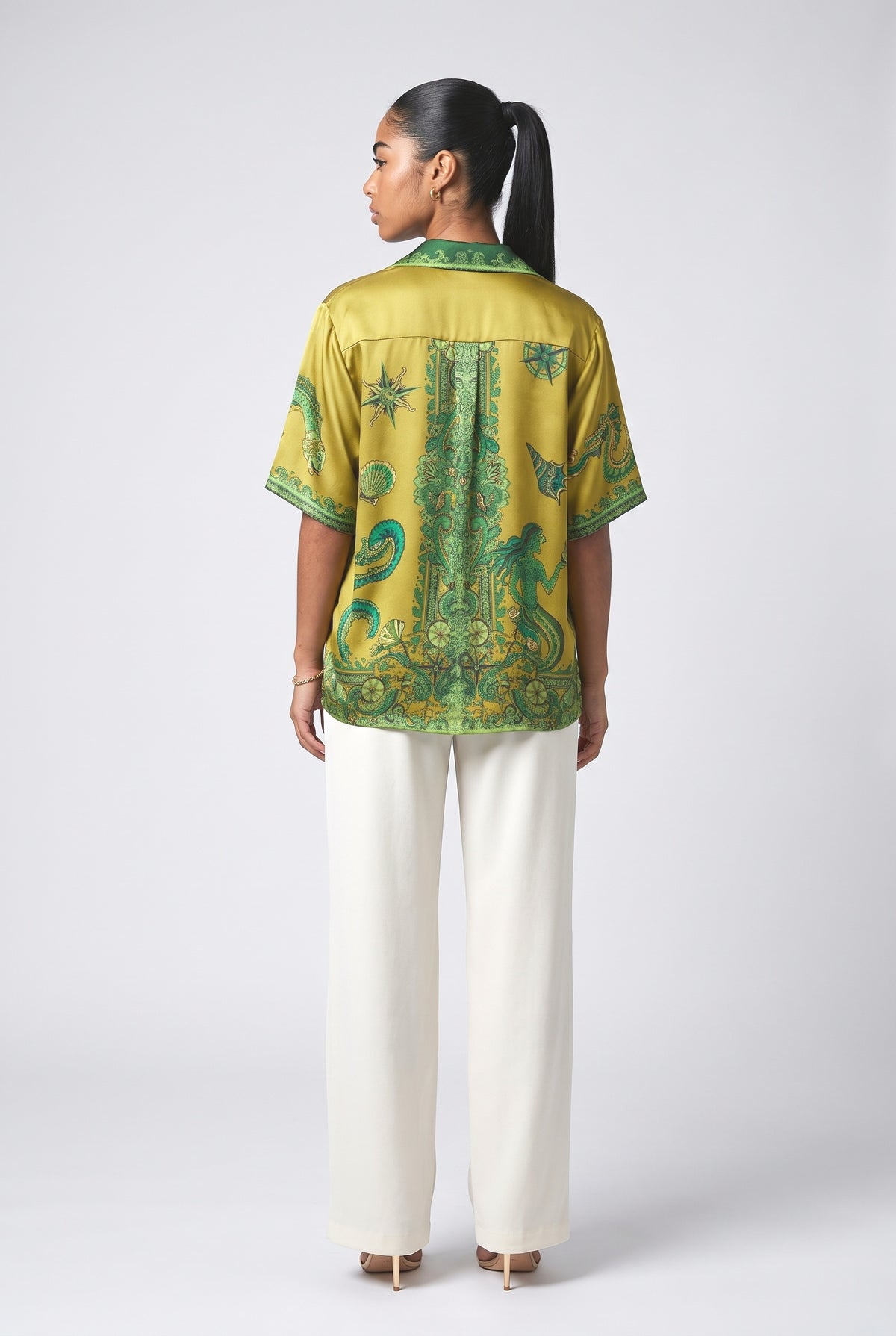 Green Floral Satin Relaxed Top, back view