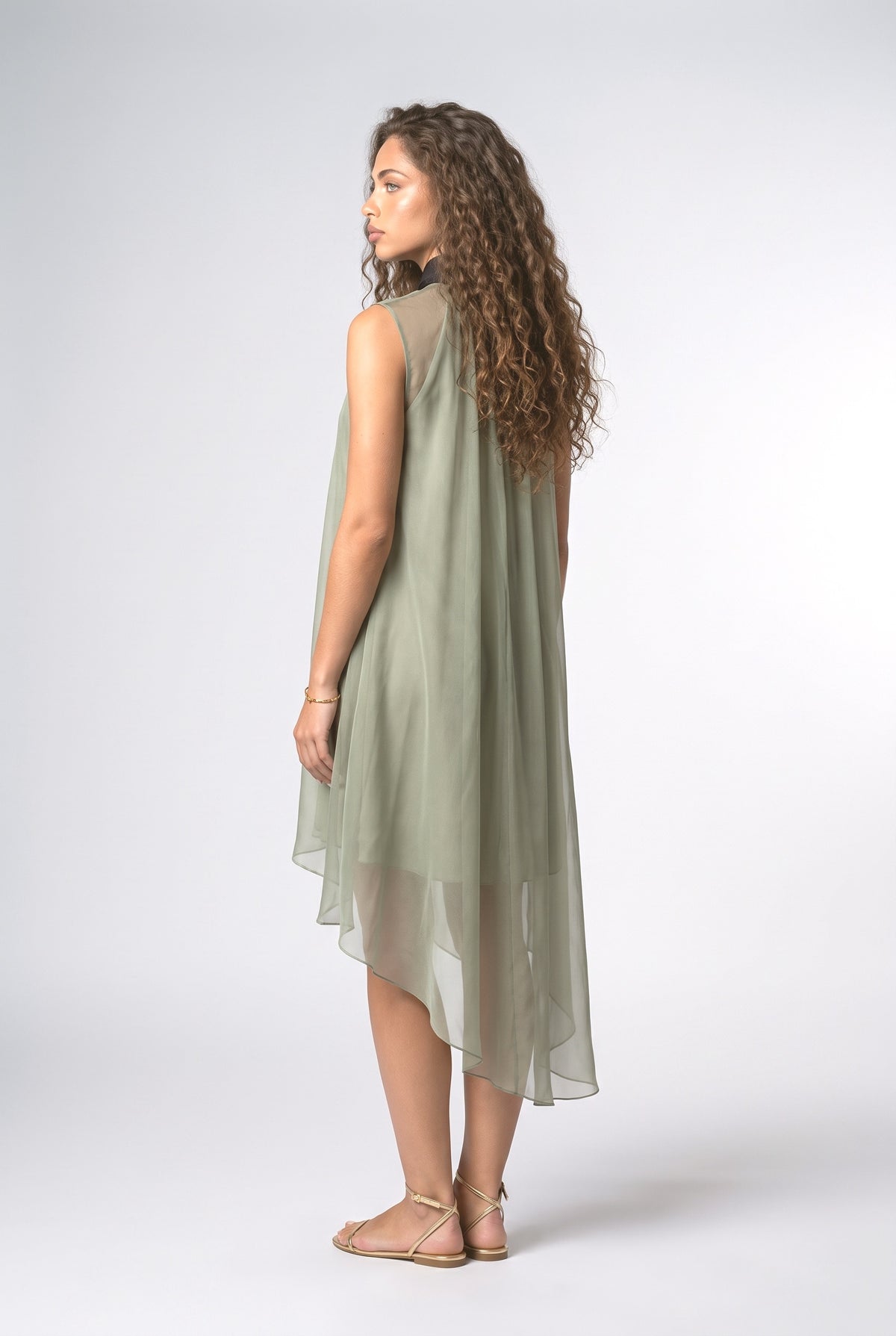Orange Chiffon Sleeveless Asymmetric Midi Dress, back view