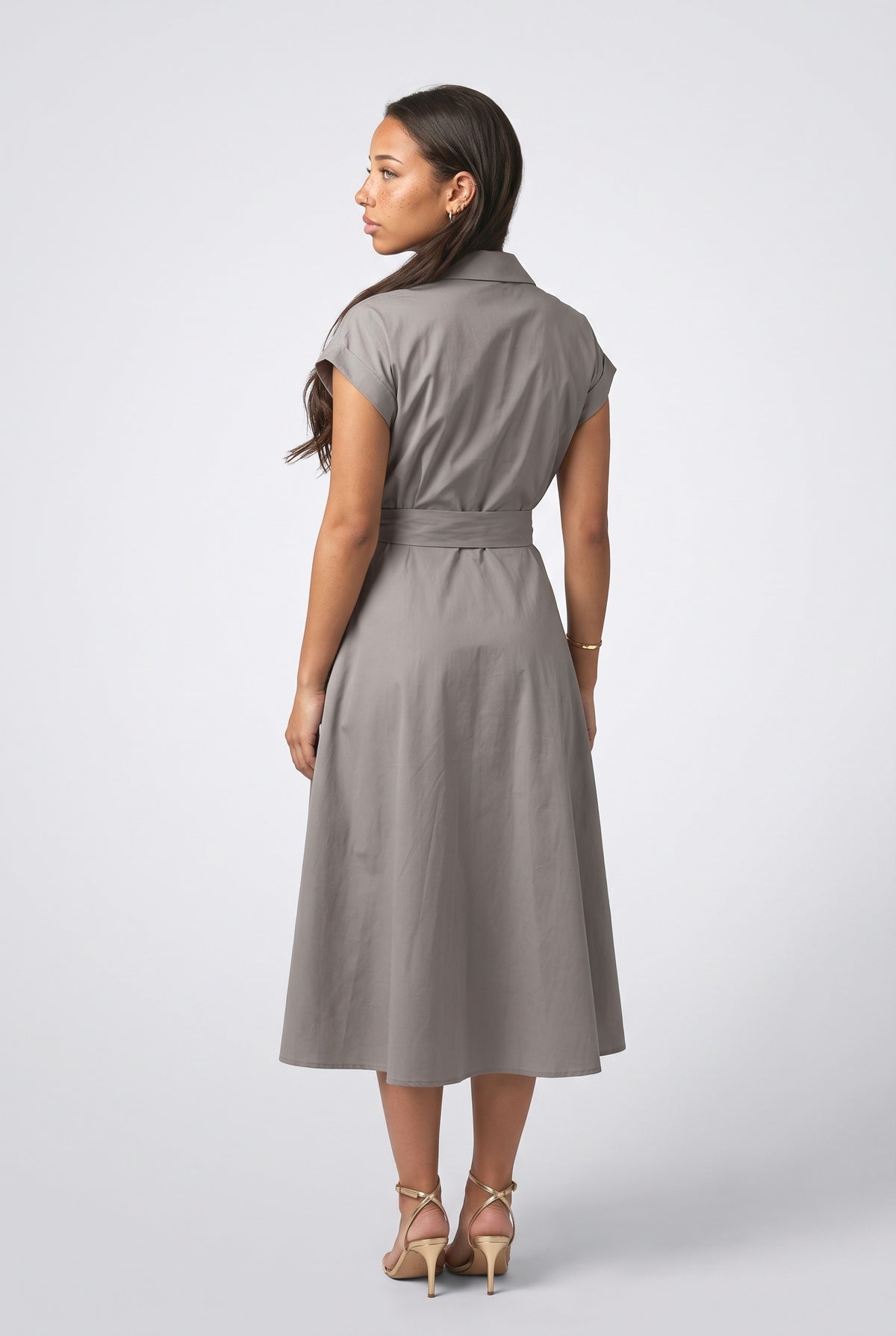 Cream White Shirt Style Midi Dress, back view