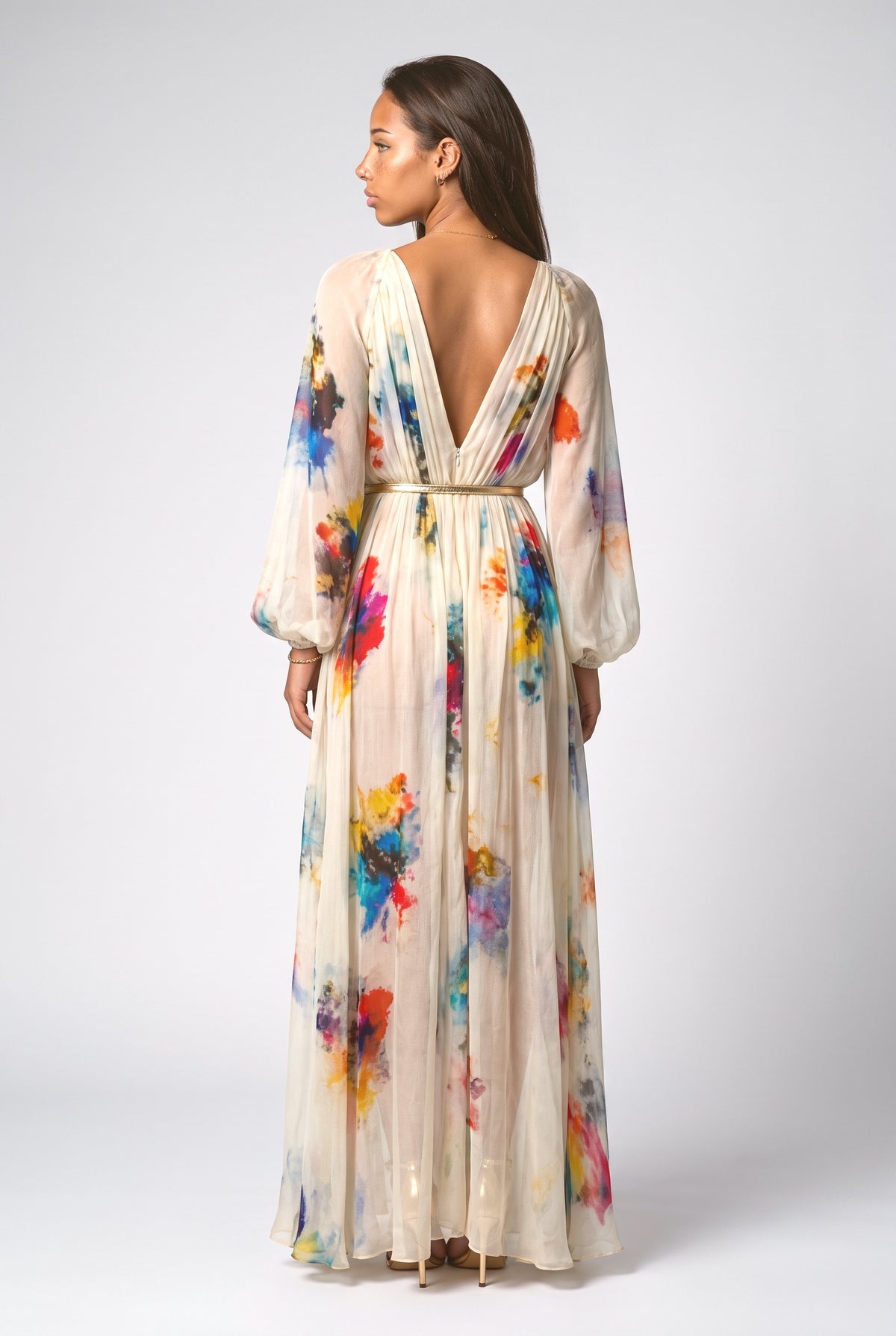 Multicolor Print V-Neck Puff Sleeve Maxi Dress, back view