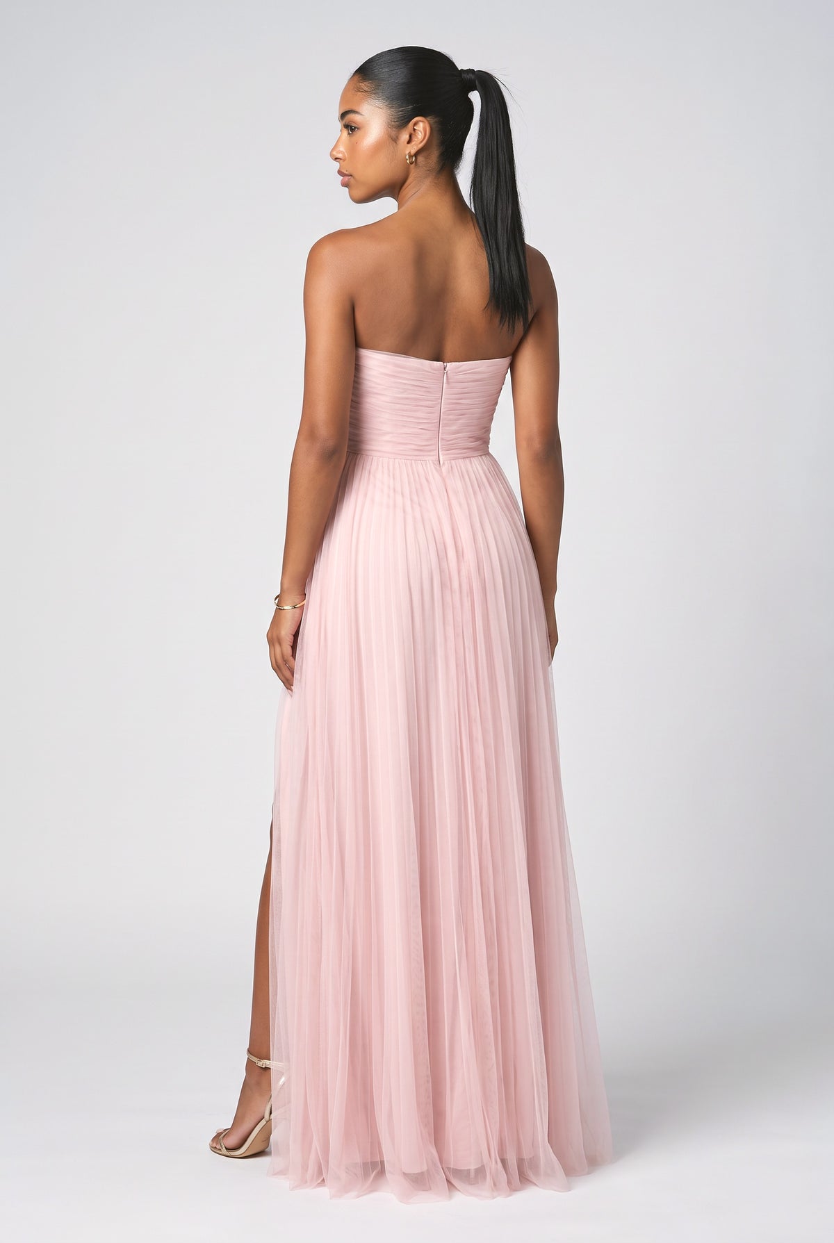 Pink Tulle Strapless Pleated Maxi Dress, back view