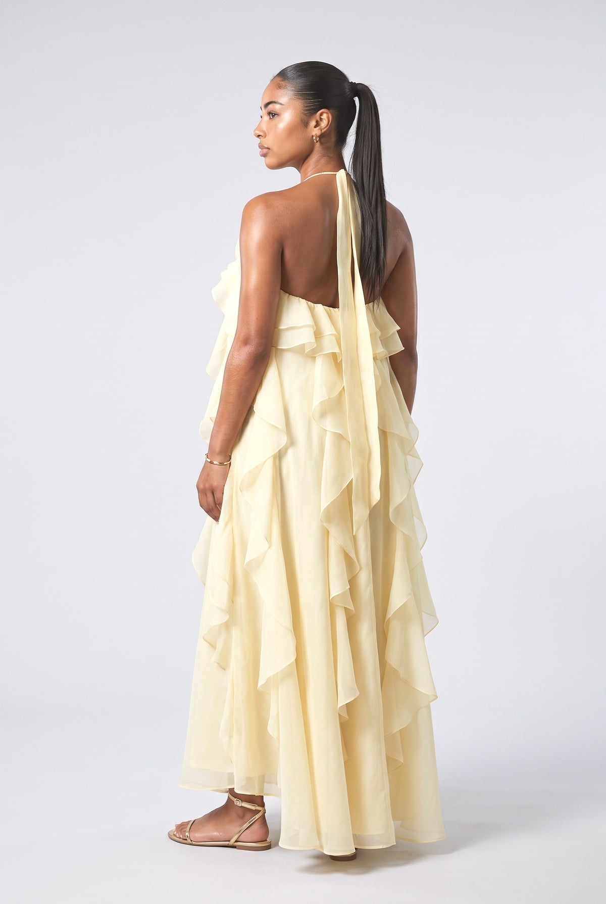 3D Flower Ruffle Halter Maxi Dress, back view