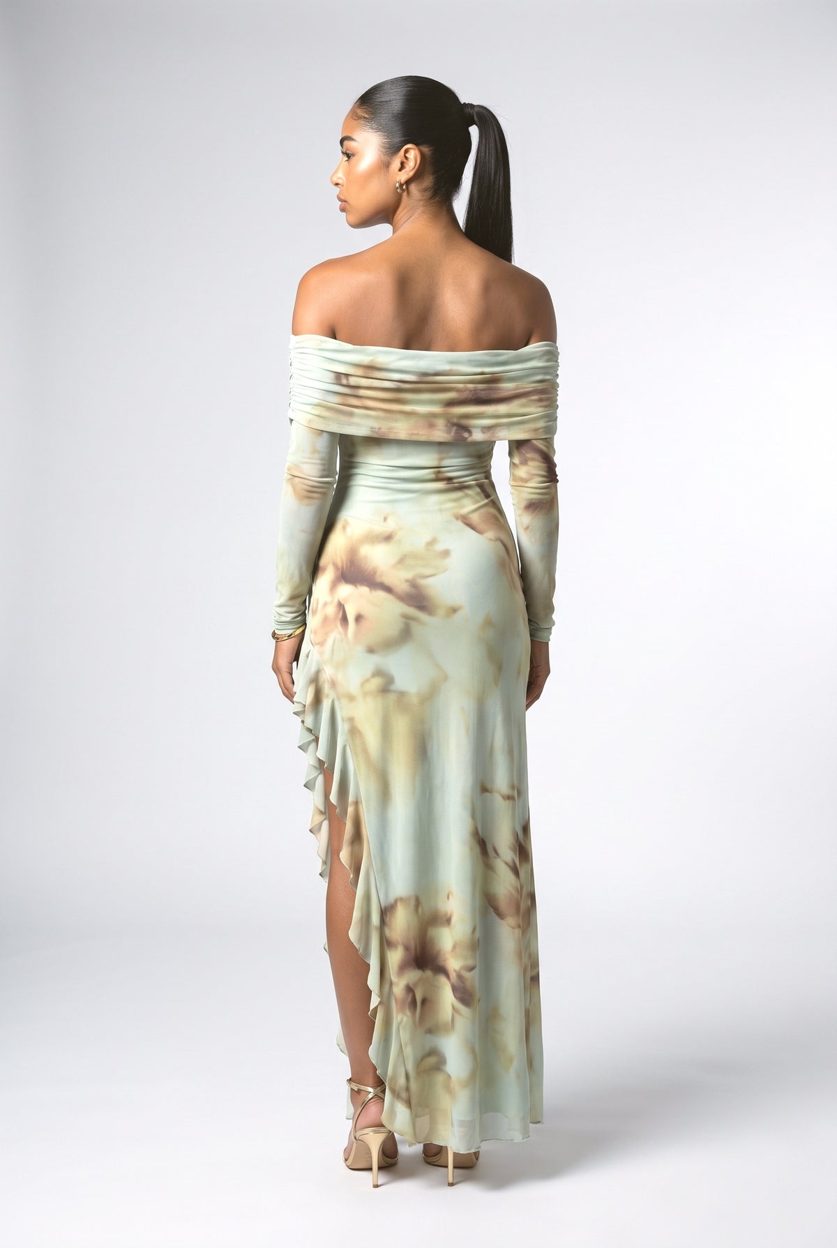 Multicolor Print Off-Shoulder Slit Maxi Dress, back view