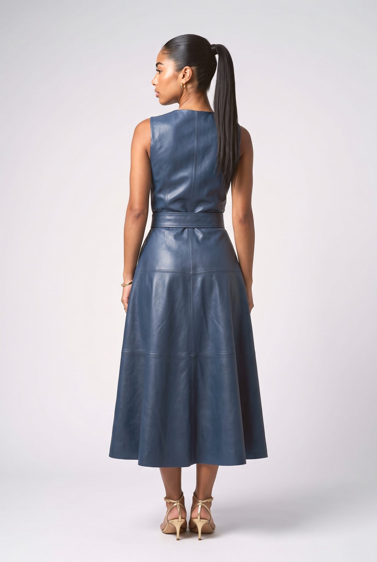 Sleeveless Leather-Look Midi Dress, back view