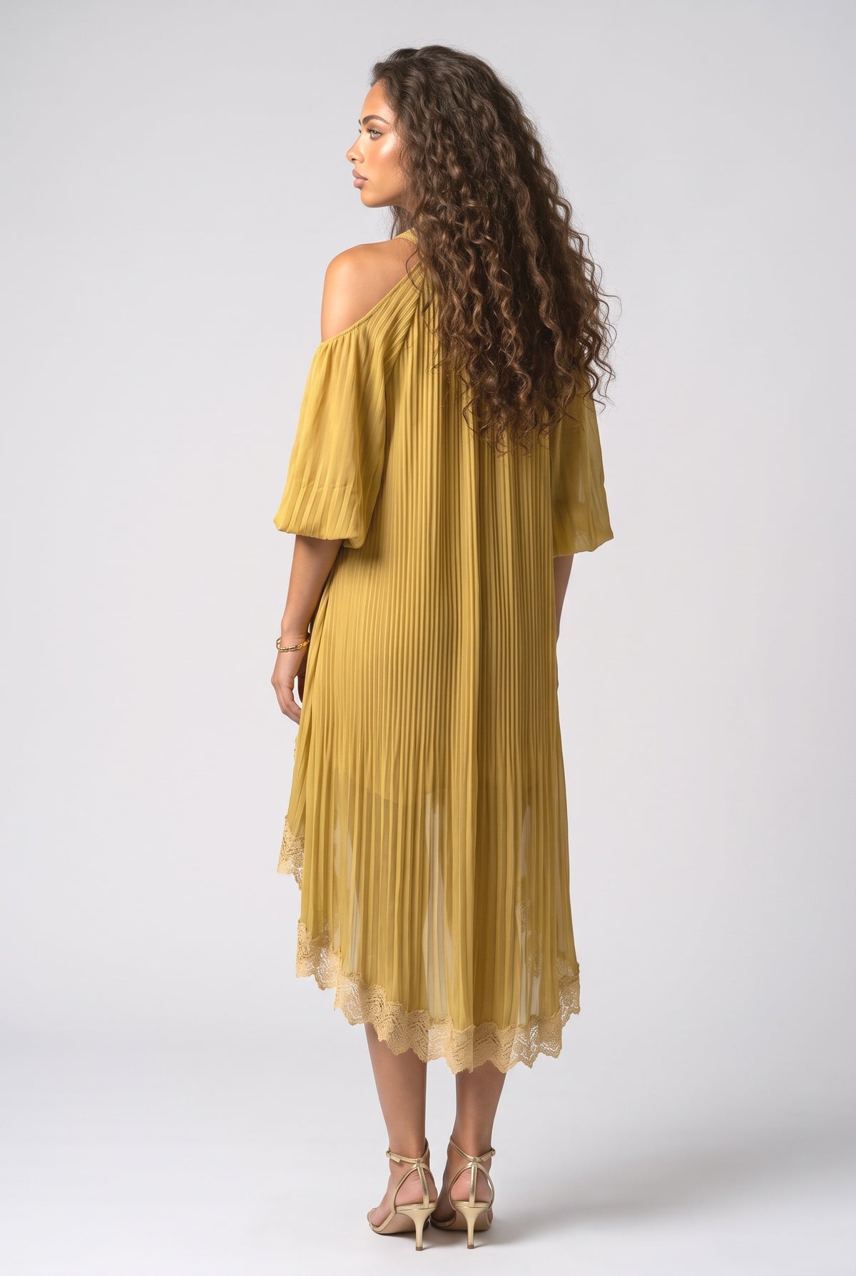 Yellow Asymmetric Midi Dress, back view