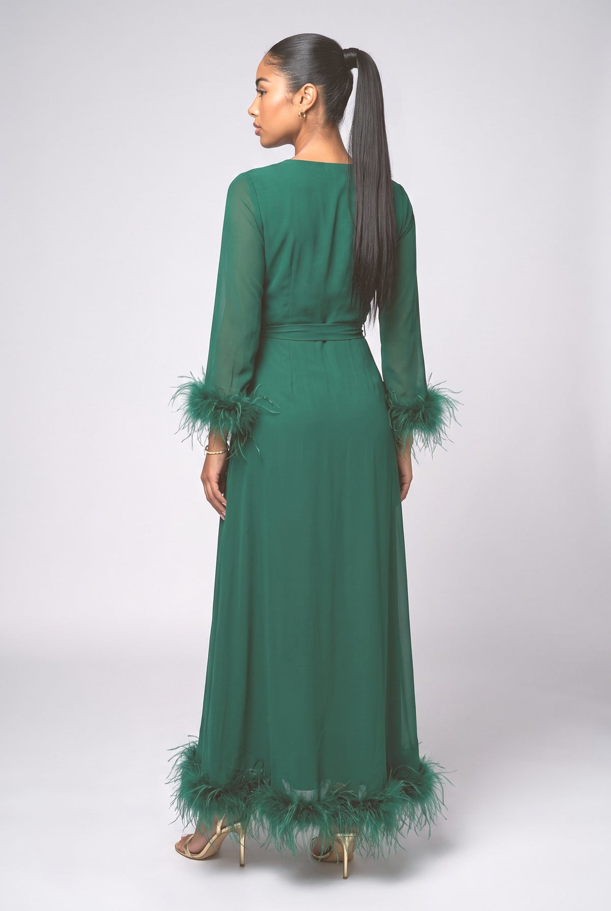 Green Chiffon V-Neck Feather Trim Maxi Dress, back view