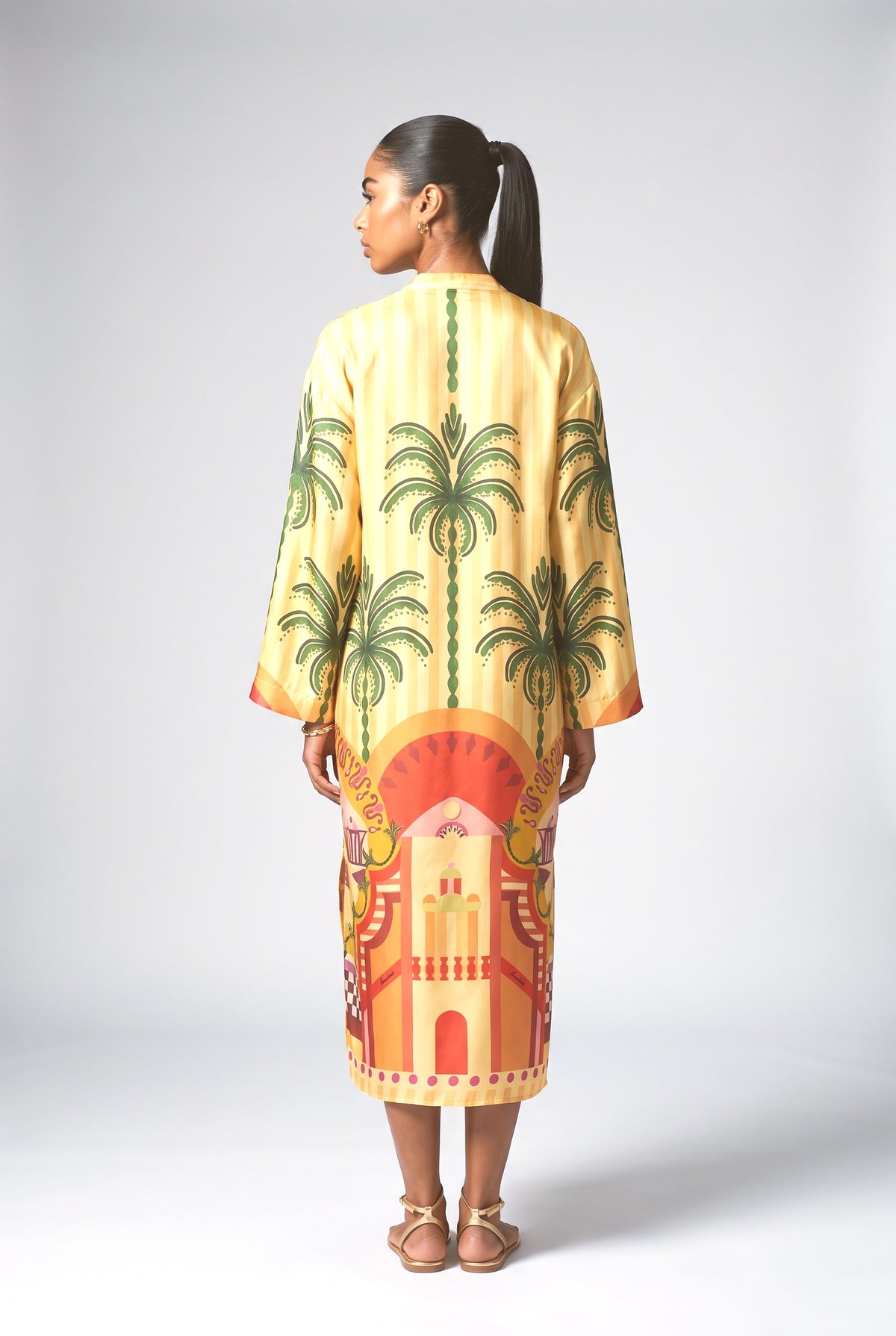 Yellow Satin Relaxed Midi Dress, back view
