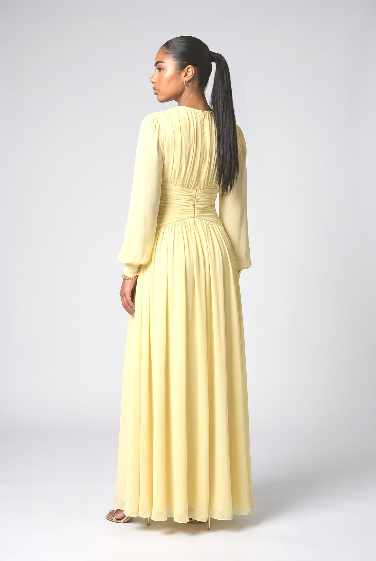 Yellow Chiffon Ruched Maxi Dress, back view