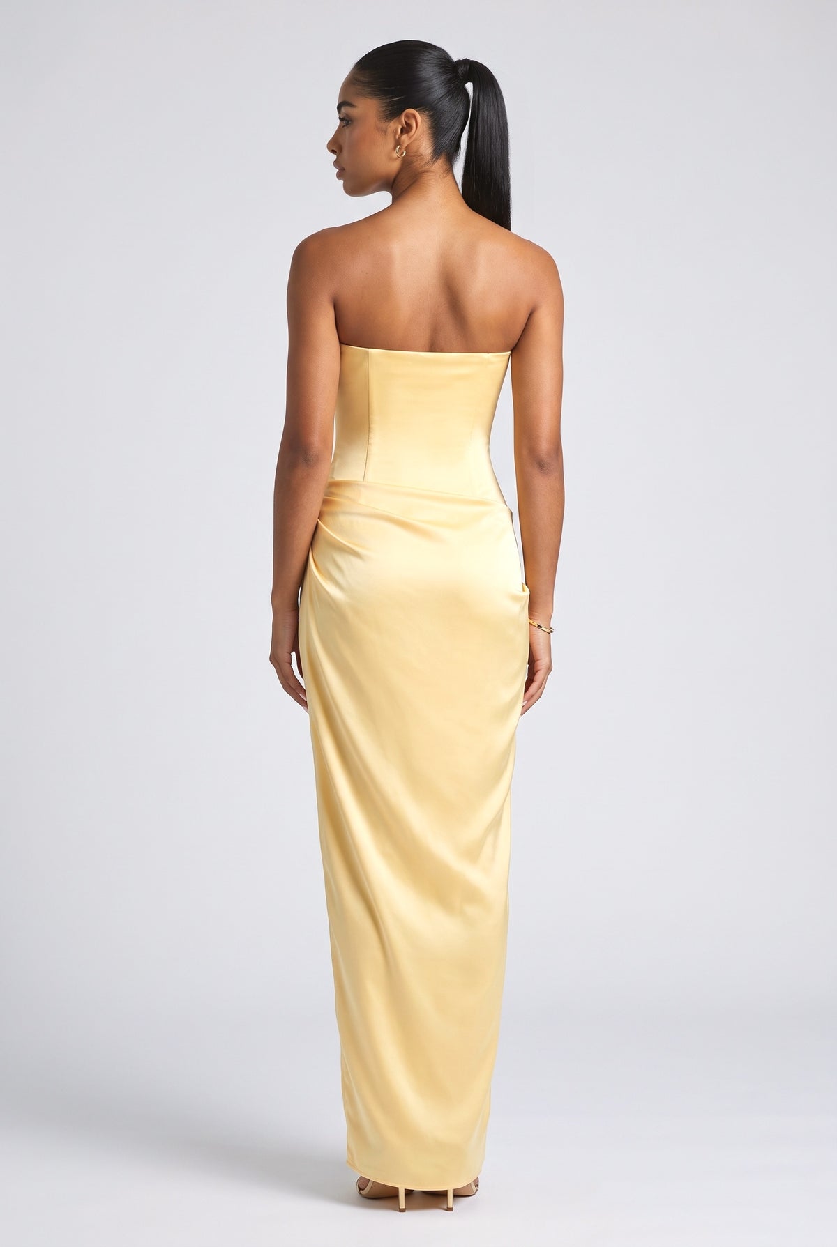 Satin Strapless Draped Maxi Dress, back view