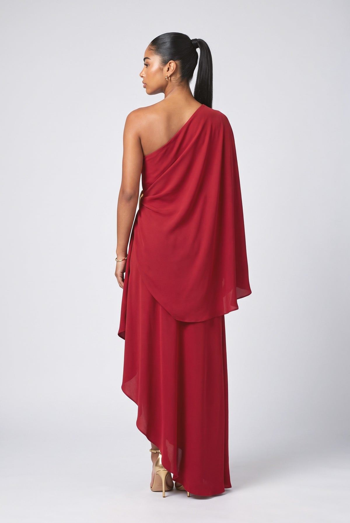 Red One-Shoulder Draped Maxi Dress, back view
