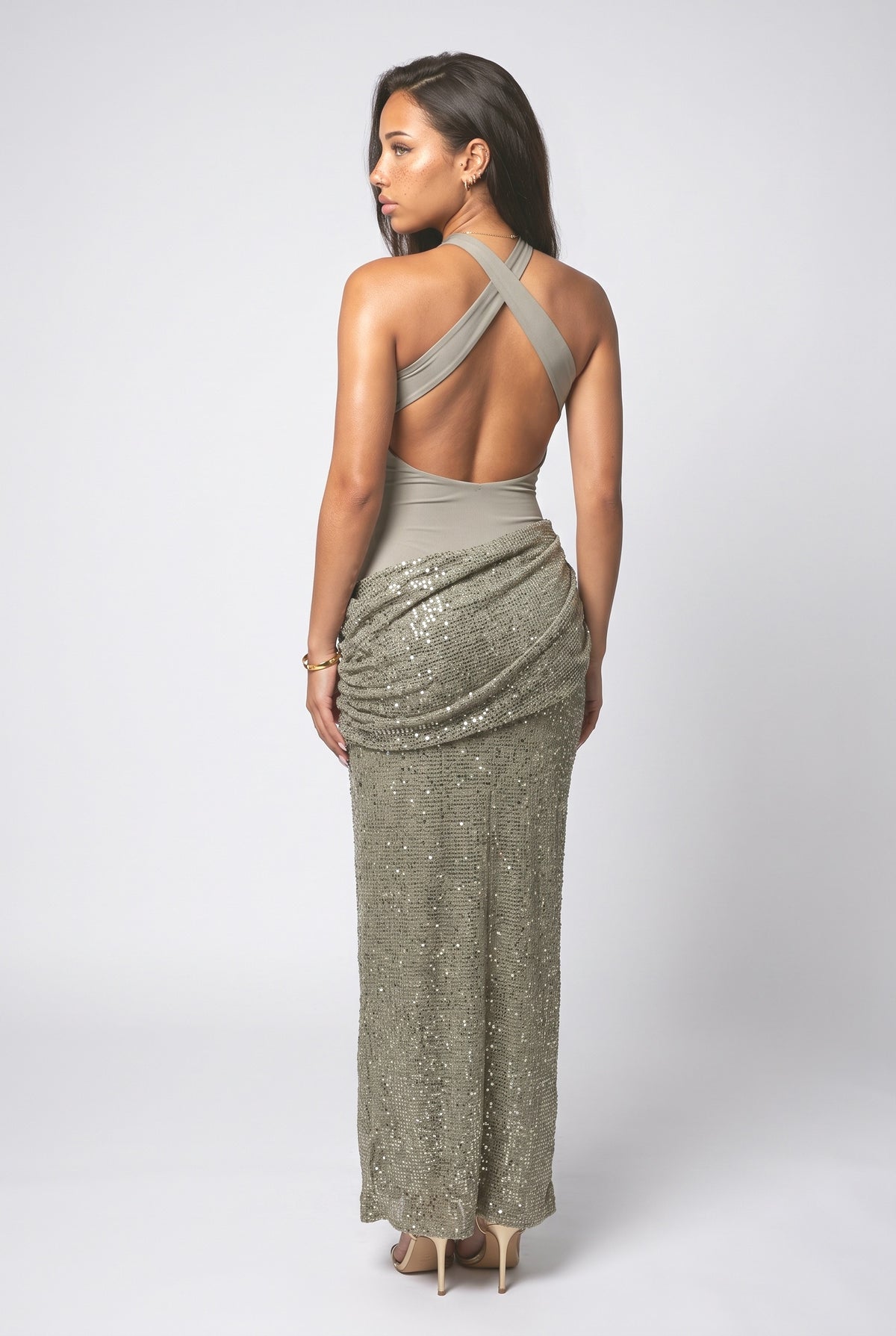 Sequin Halter Neck Cutout Maxi Dress, back view