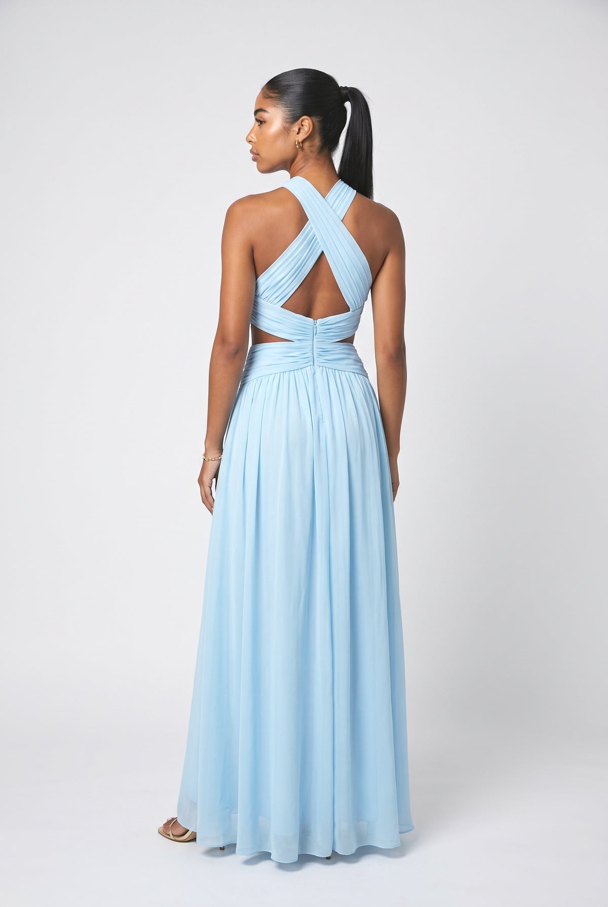 Blue Halter Neck Pleated Maxi Dress, back view