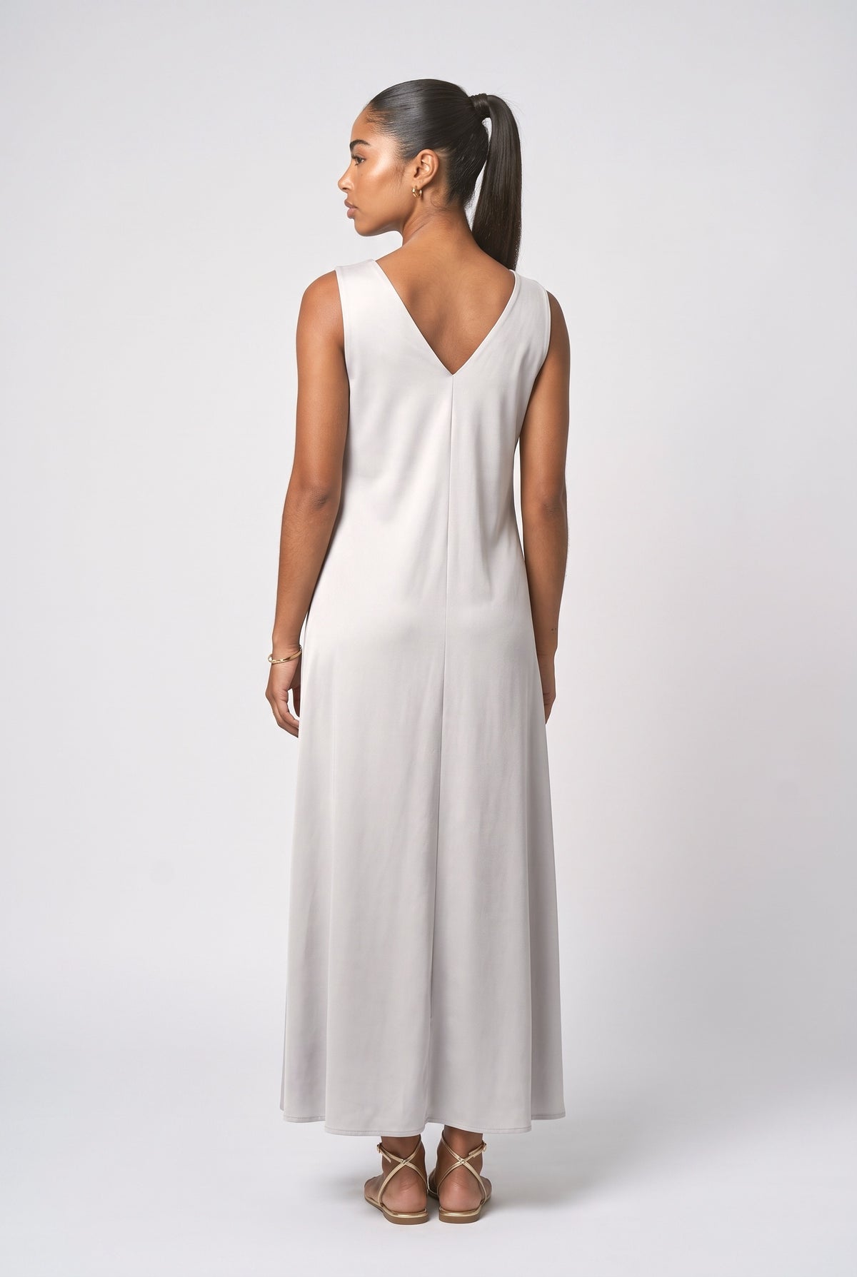White V-Neck Sleeveless Maxi Dress, back view