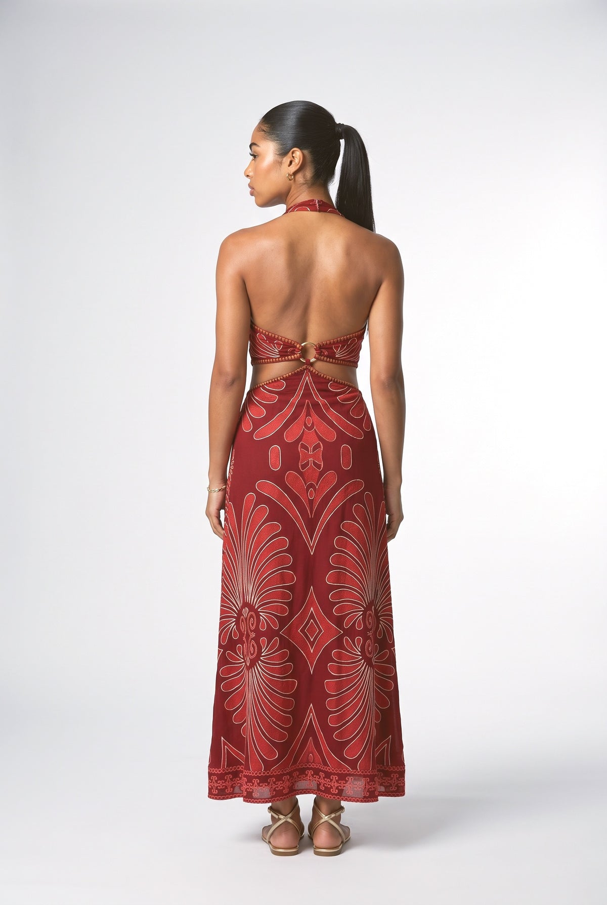 Red Halter Neck Cutout Maxi Dress, back view