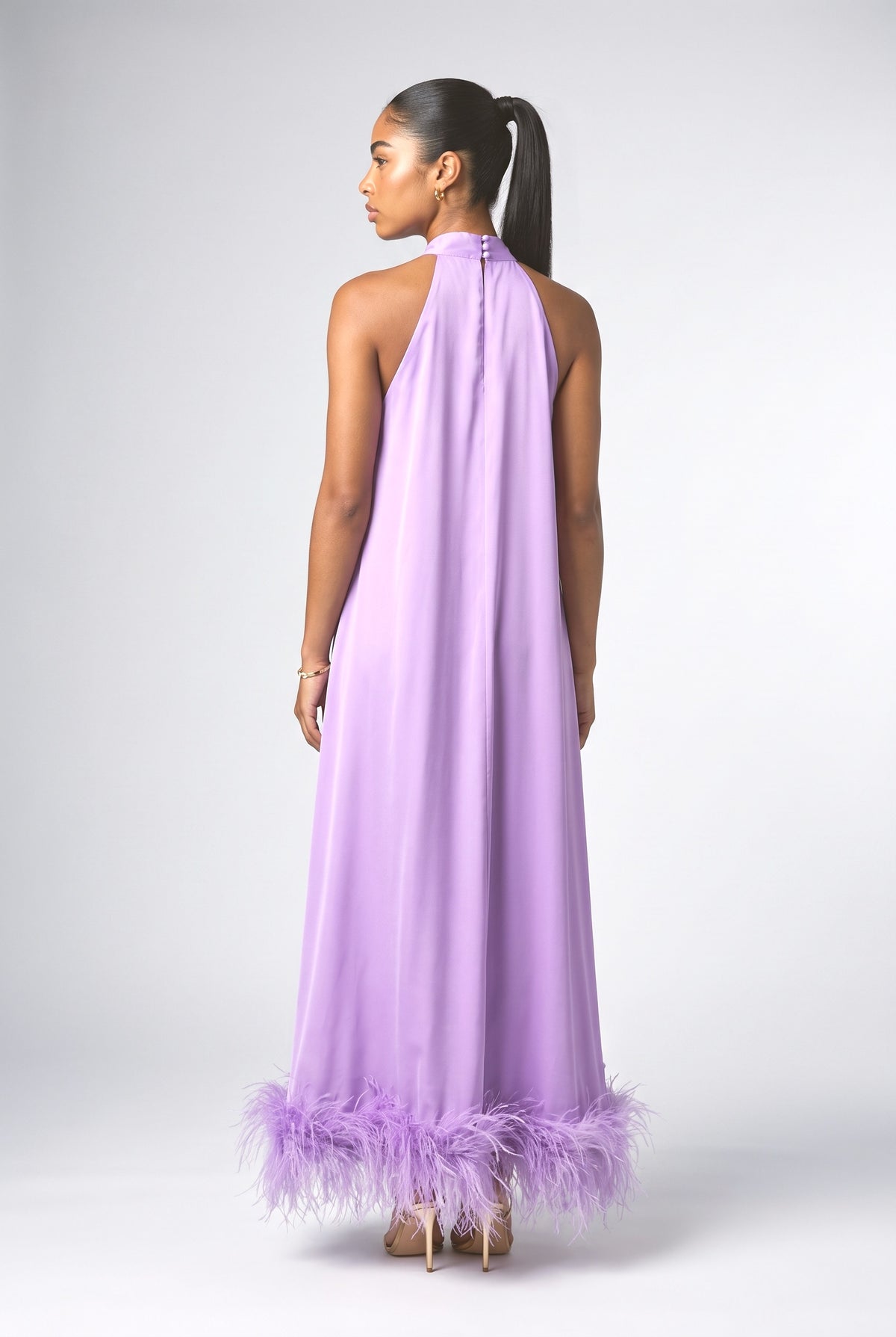 Satin Halter Neck Sleeveless Feather Trim Maxi Dress, back view