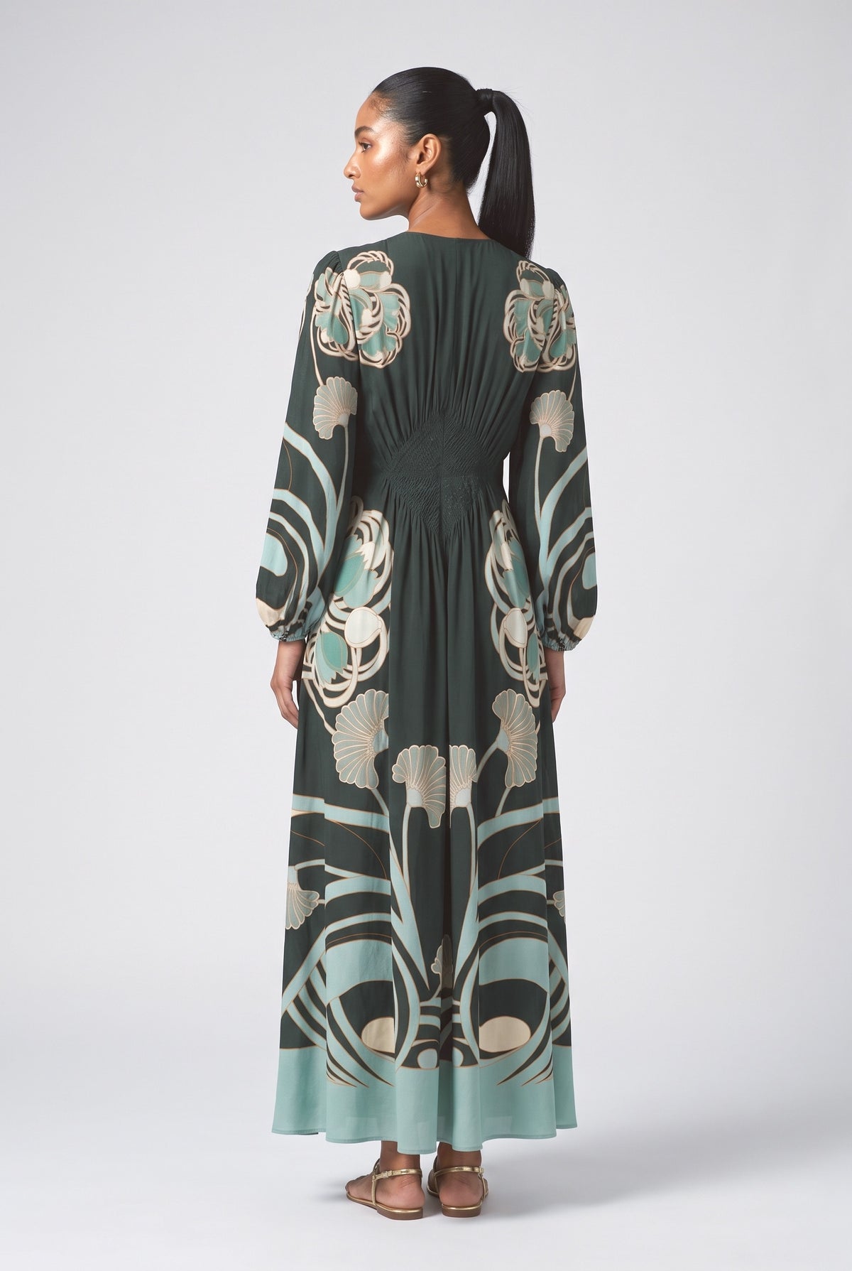 Green Pleated Maxi Dress, back view