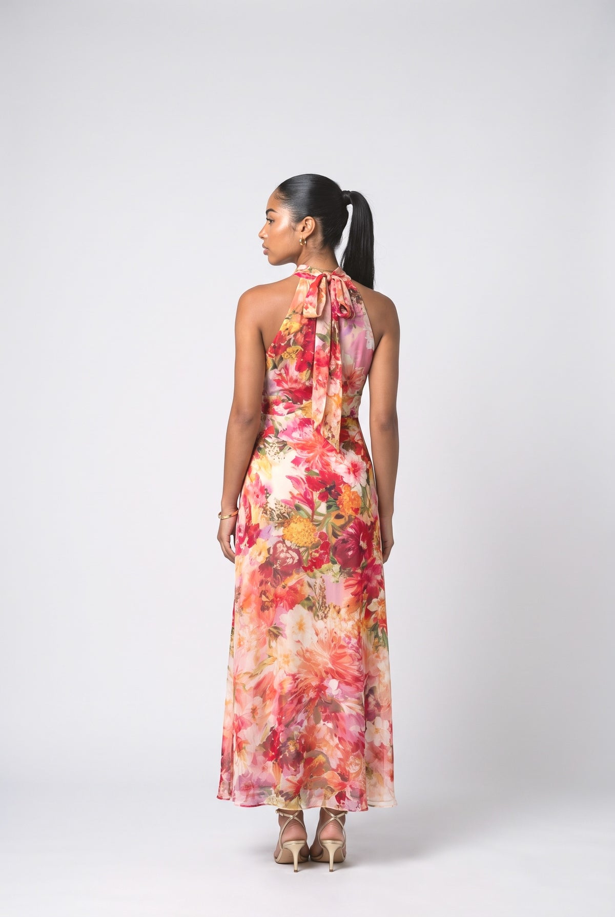 Red Floral Chiffon Halter Neck Sleeveless A-Line Maxi Dress, back view