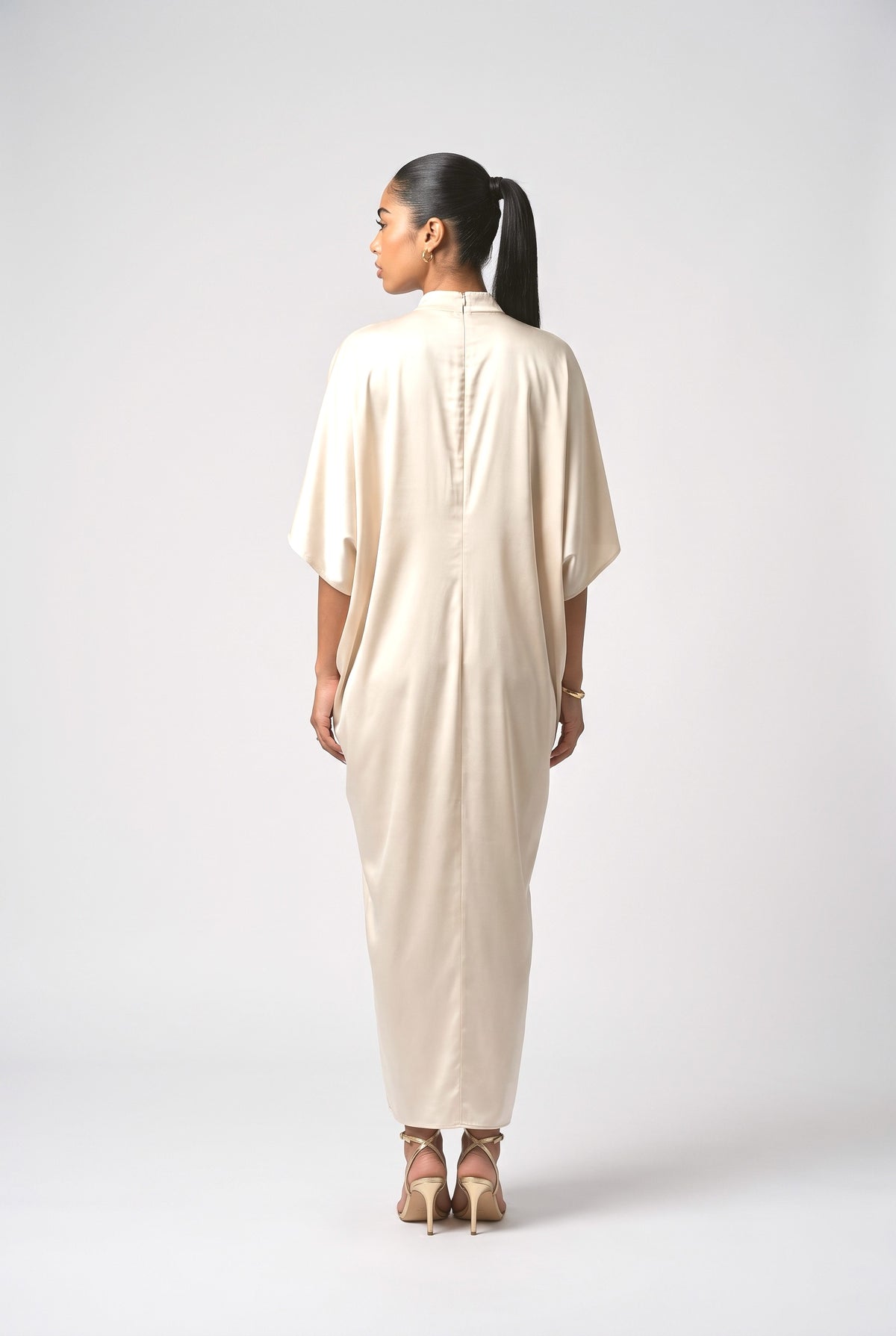 Beige Satin Batwing Sleeve Maxi Dress, back view