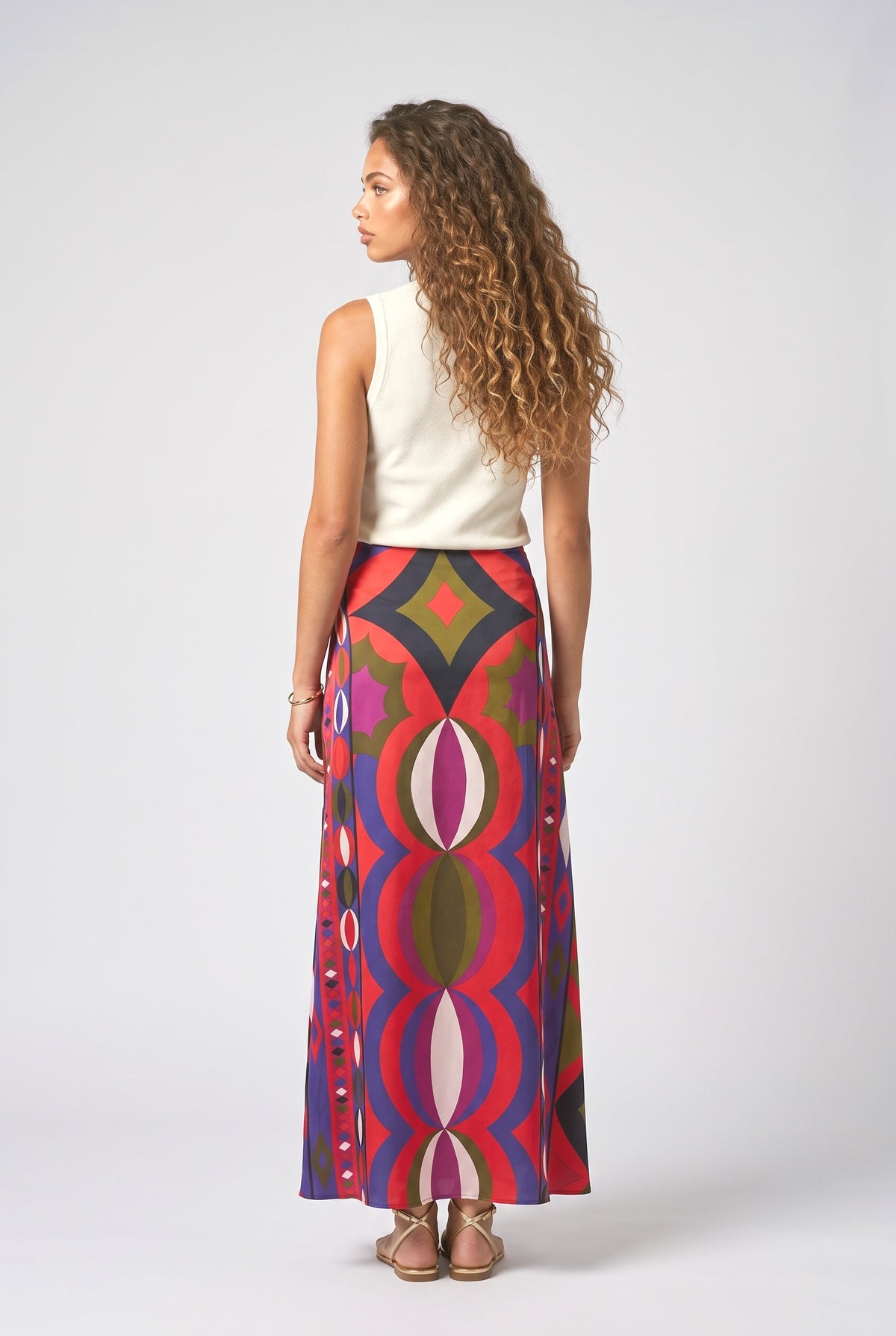 Multicolor Satin Maxi Skirt, back view