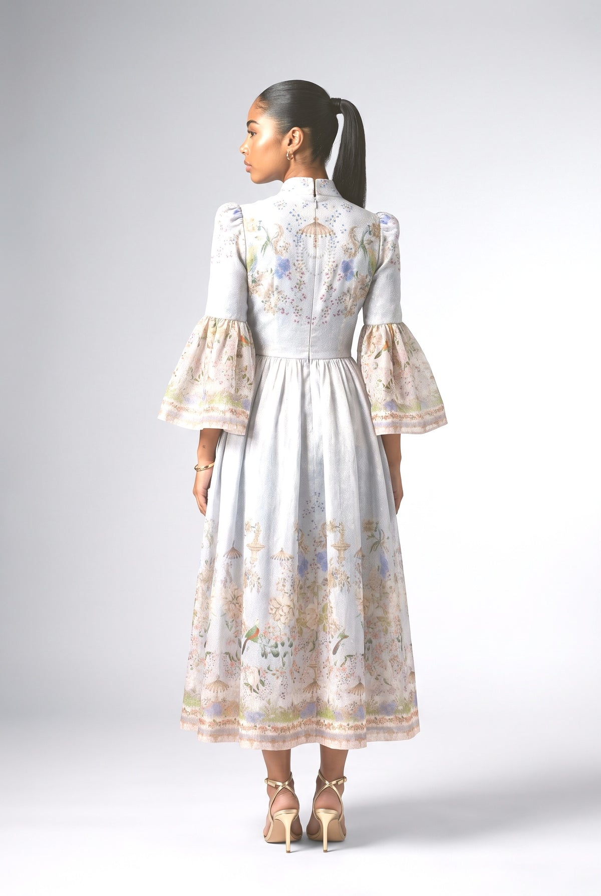 Garden Print Flared Sleeve Midi Dress, back view