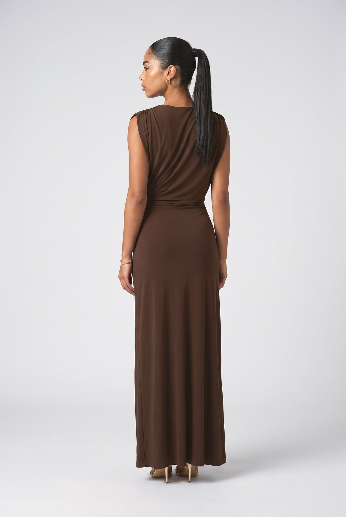 Brown V-Neck Sleeveless Draped Maxi Dress, back view