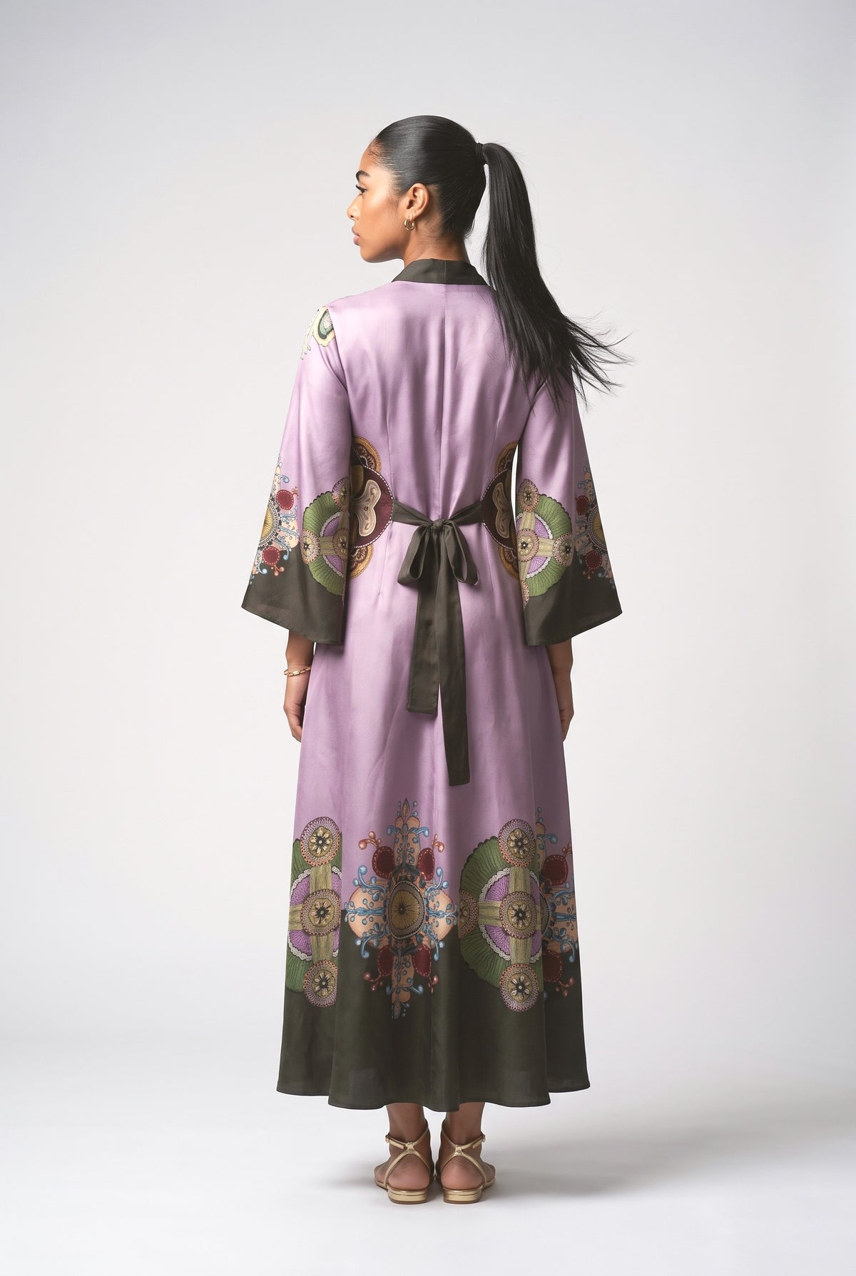 Purple Floral Satin Maxi Dress, back view