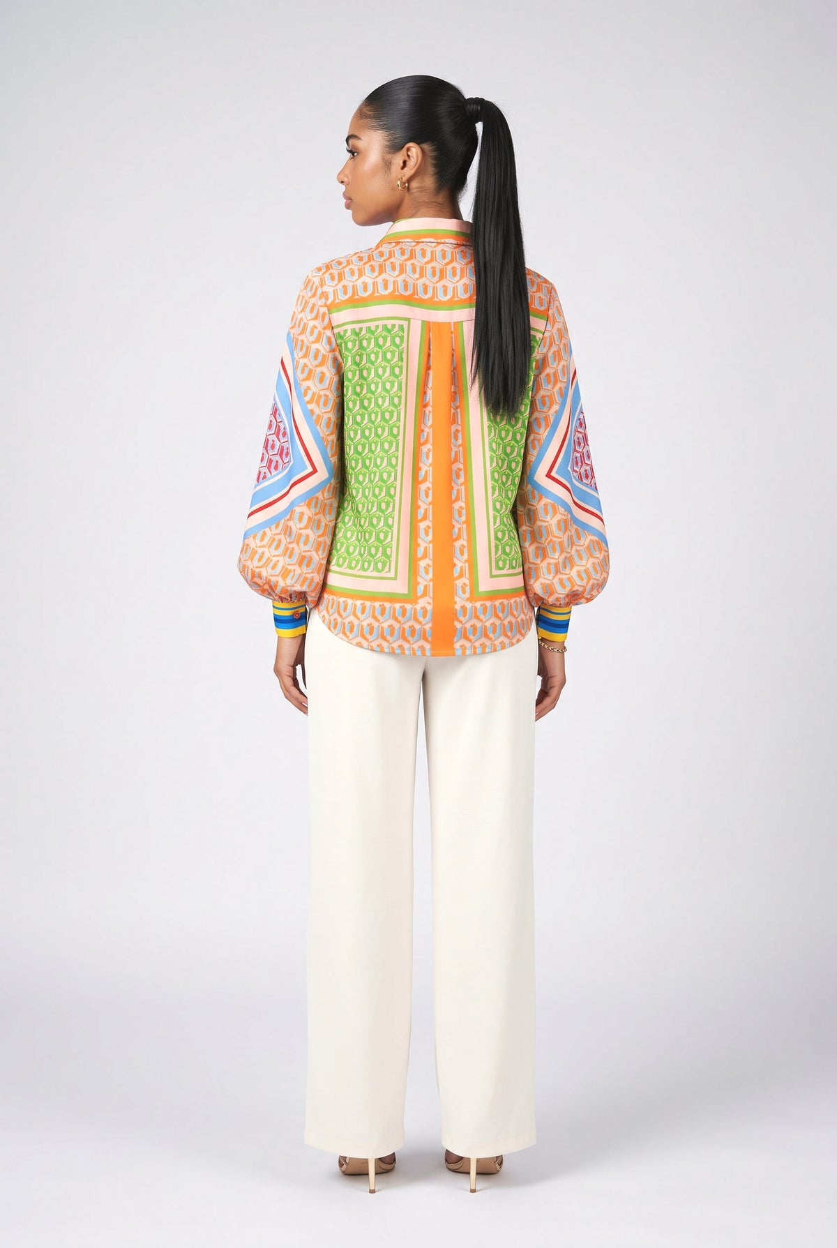 Colorful Print Balloon Sleeve Button Loose Shirt, back view