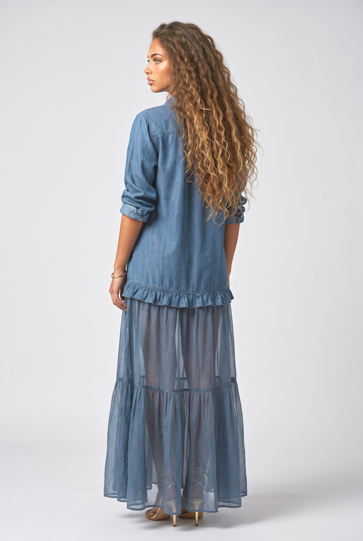 Denim Ruffle Maxi Dress, back view