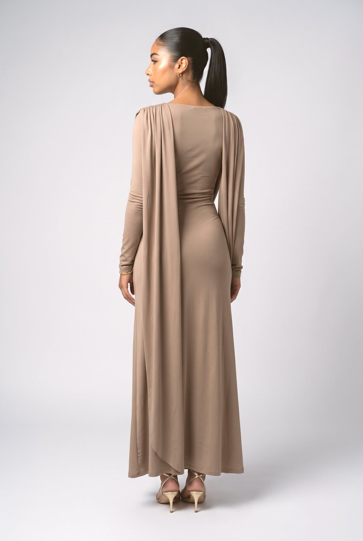 Long Sleeve Draped Maxi Dress, back view