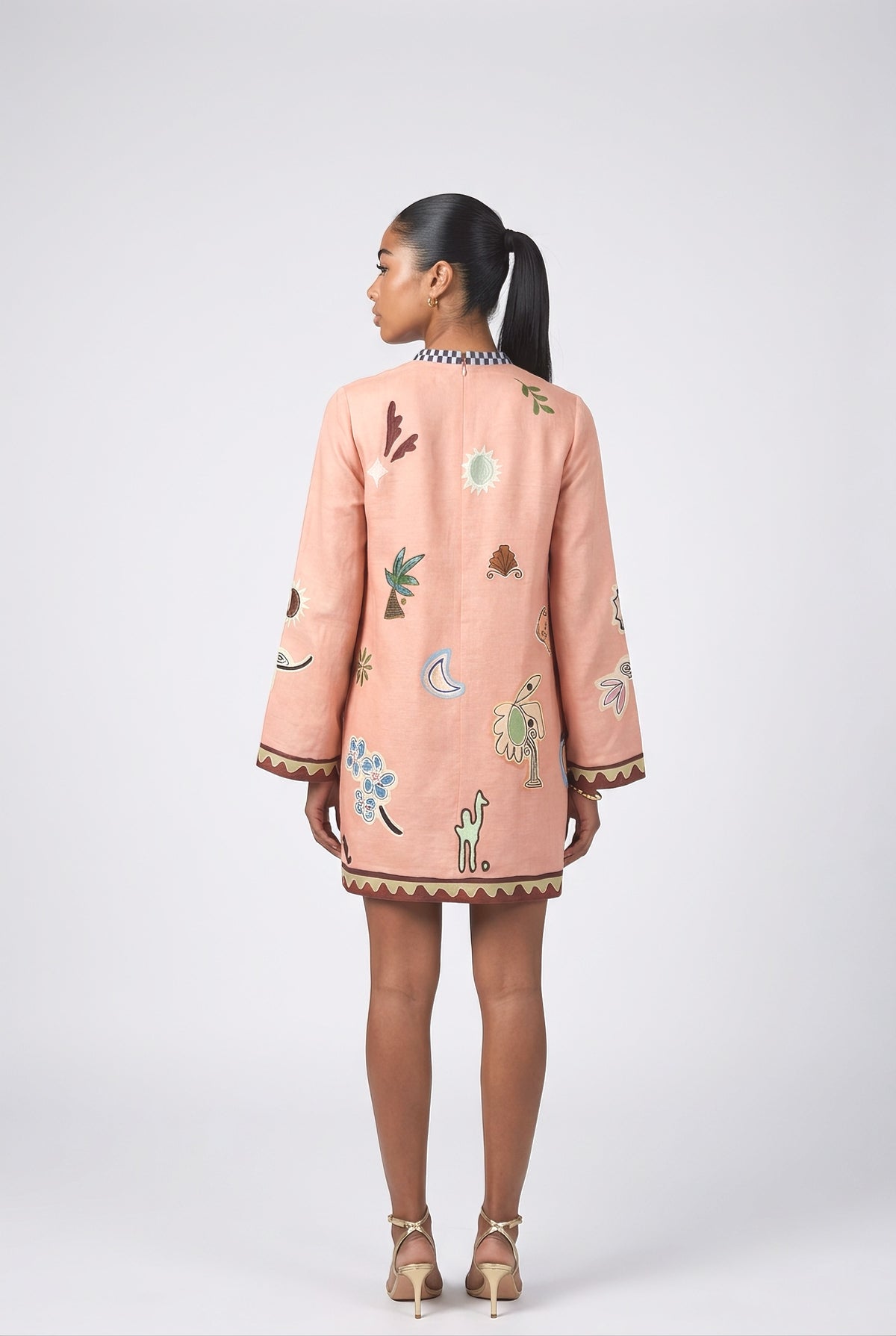 Pink Print Linen Mini Dress, back view