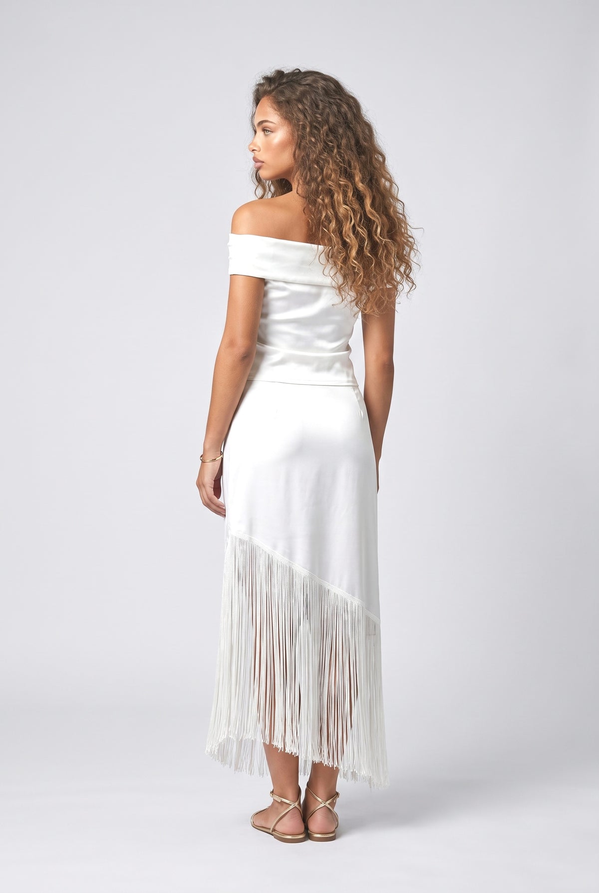 White Satin Fringe Outfit Set, back view
