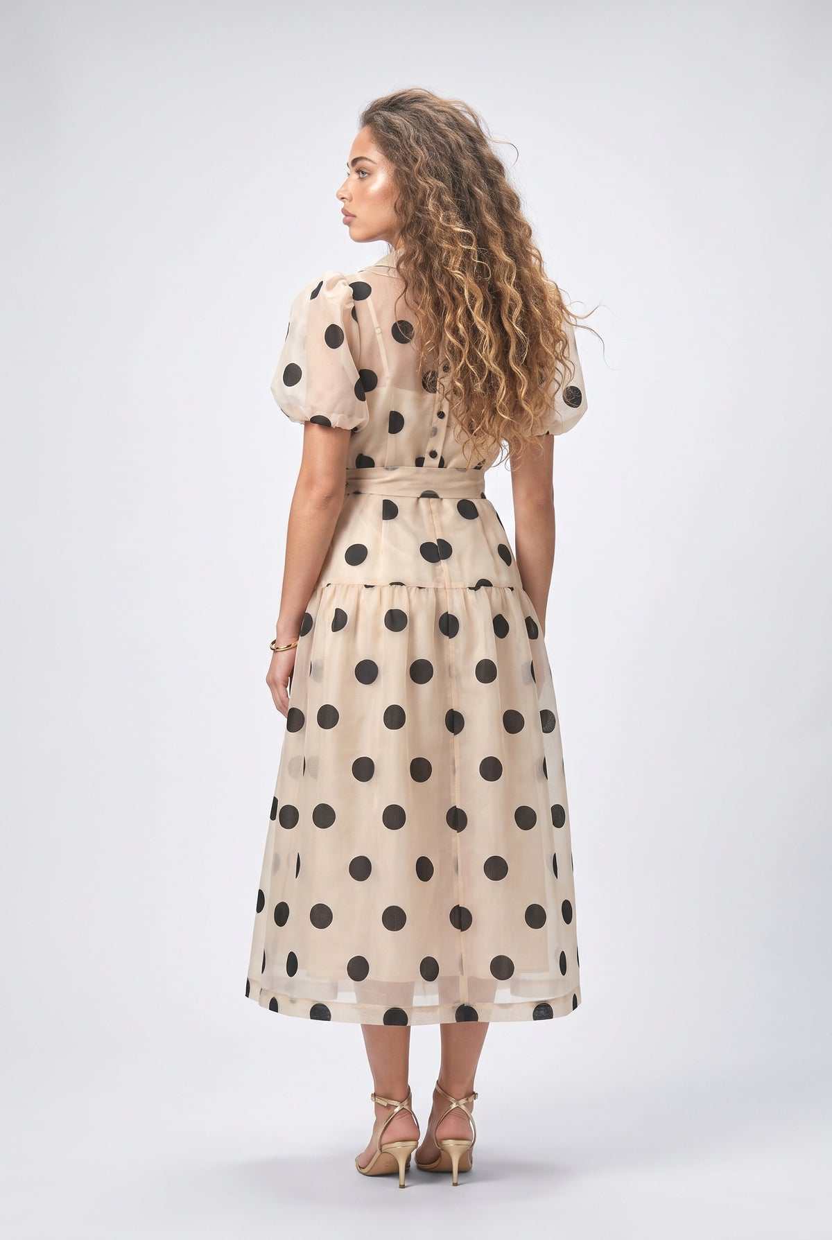 Beige Polka Dot Puff Sleeve Midi Dress, back view