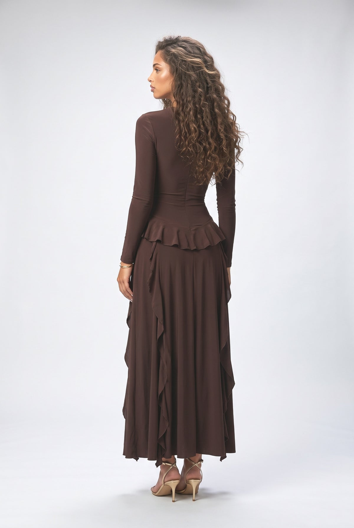 Ruffled Long Sleeve Maxi Dress, back view