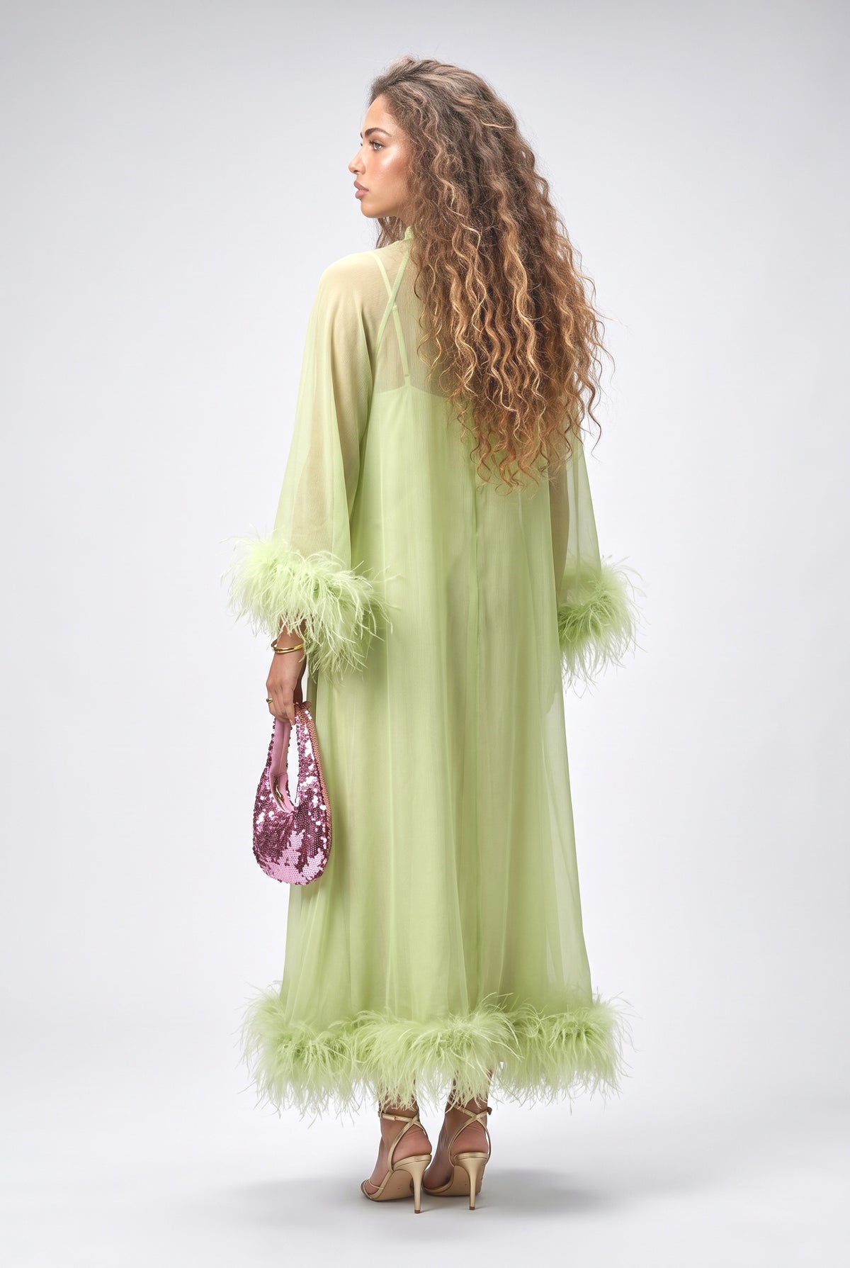 Green Chiffon Feather Trim Maxi Dress, back view