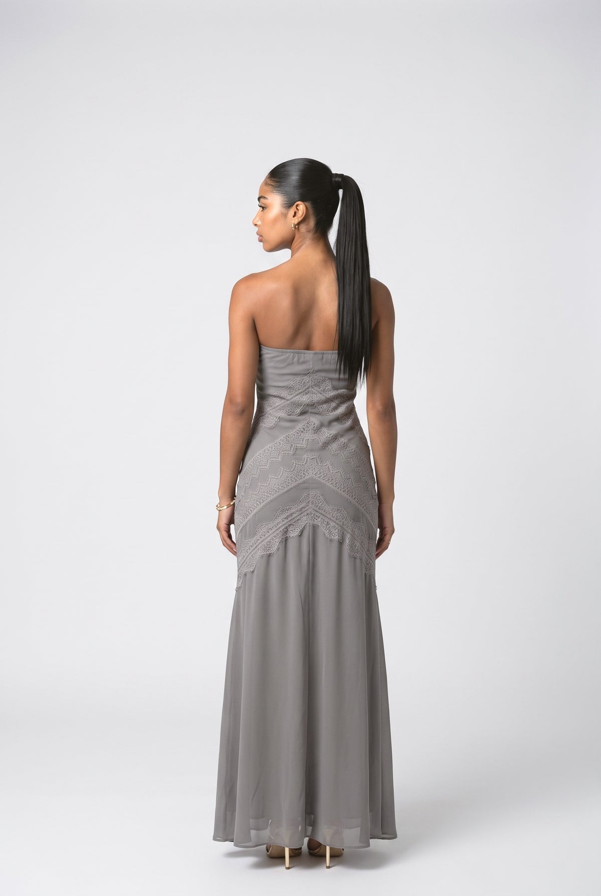 White Lace Strapless Maxi Dress, back view