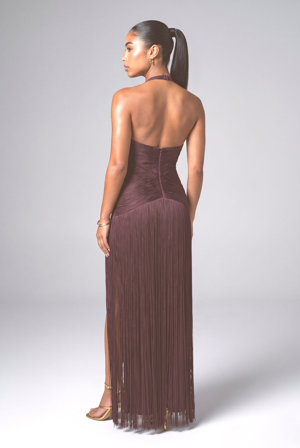 Red Halter Neck Fringe Maxi Dress, back view