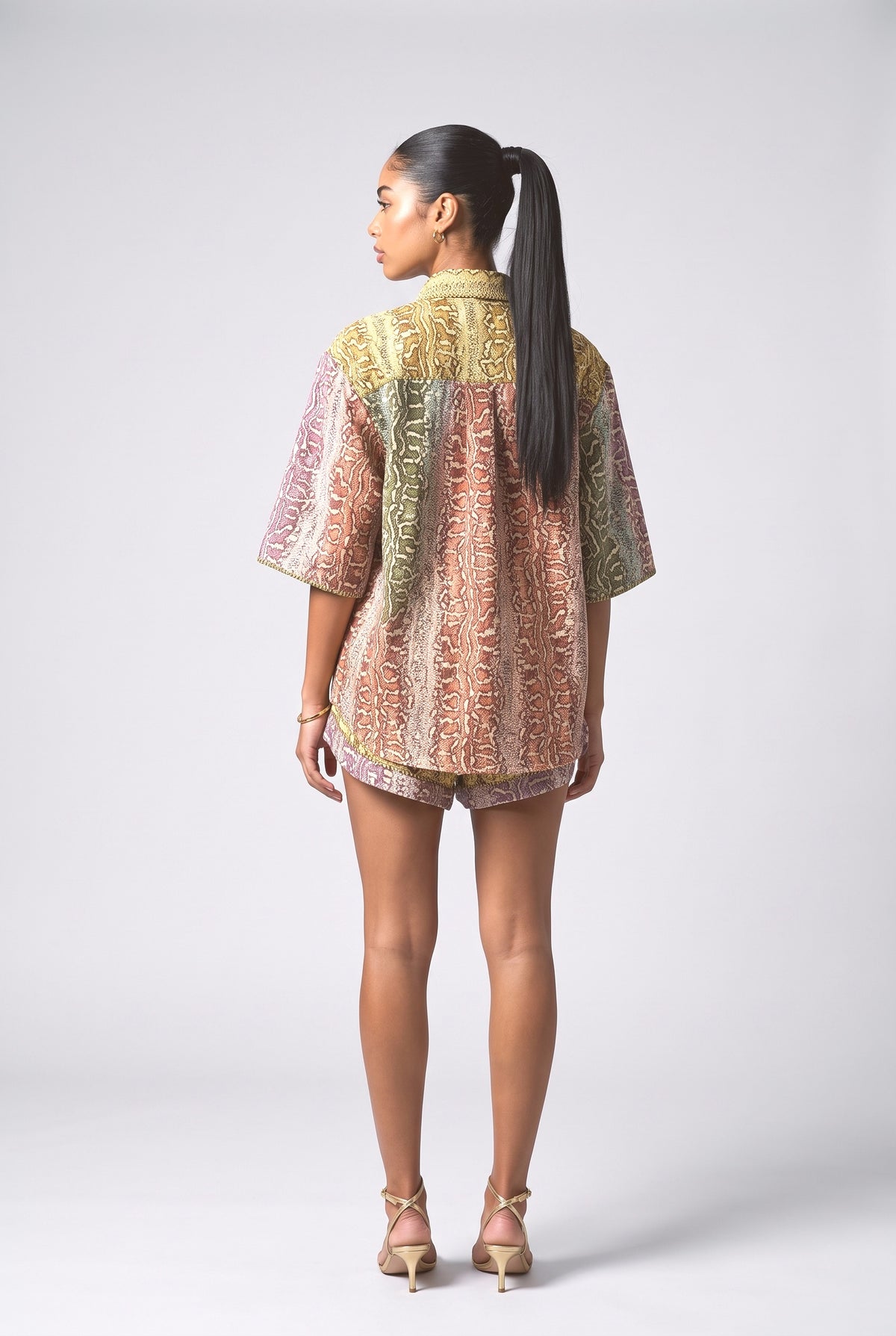 Patchwork Snakeskin Print Shirt & Shorts Set, back view