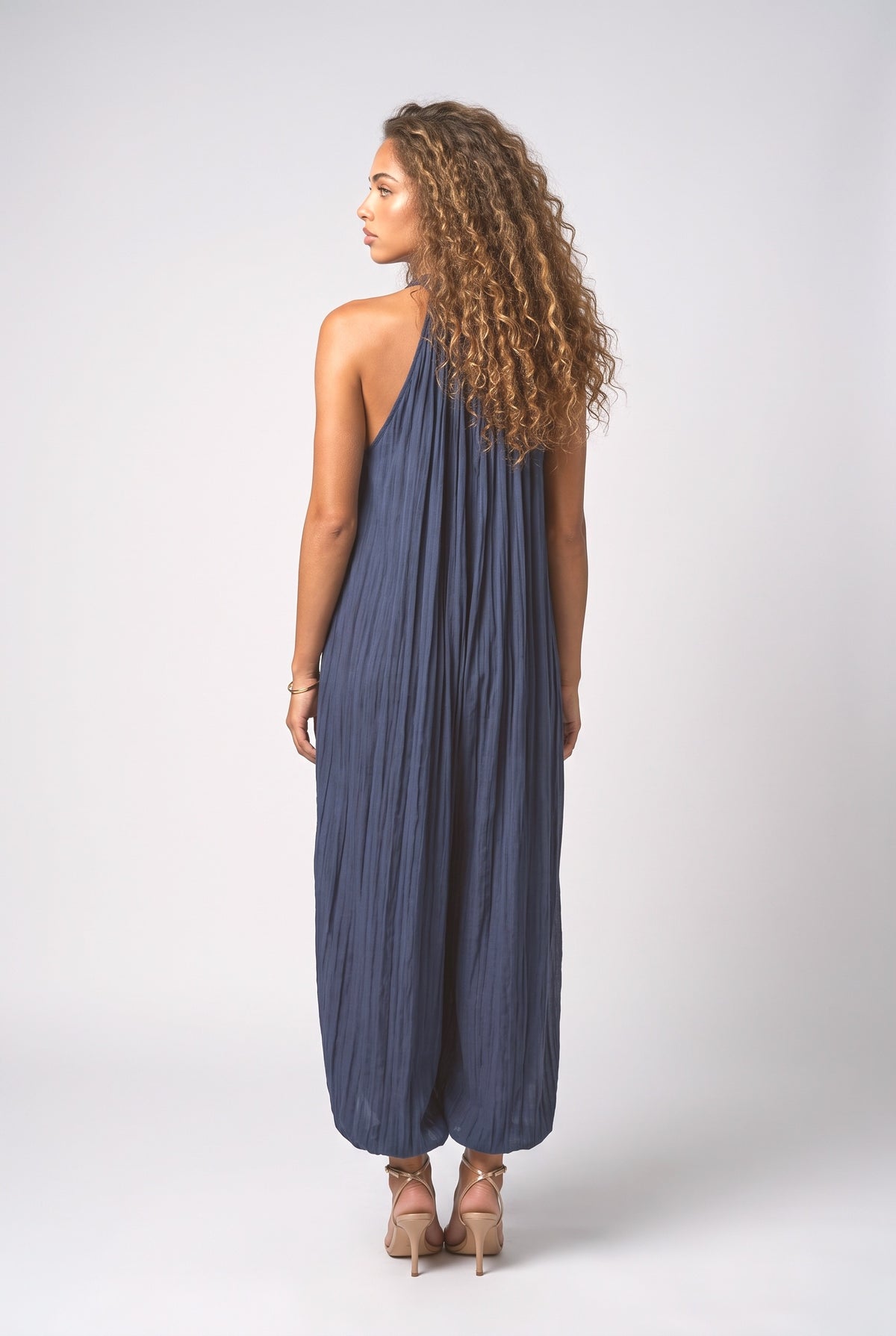 Blue V-Neck Pleated Jumpsuit, back view