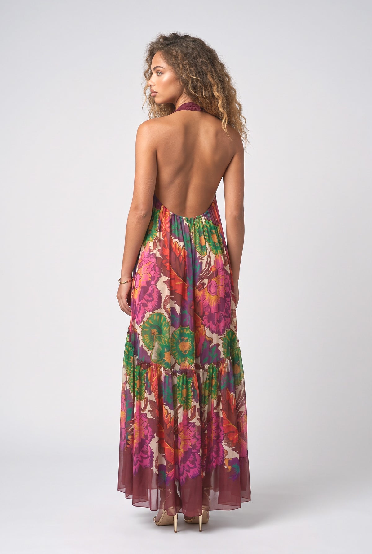 Multicolor Backless Ruffle Dress, back view