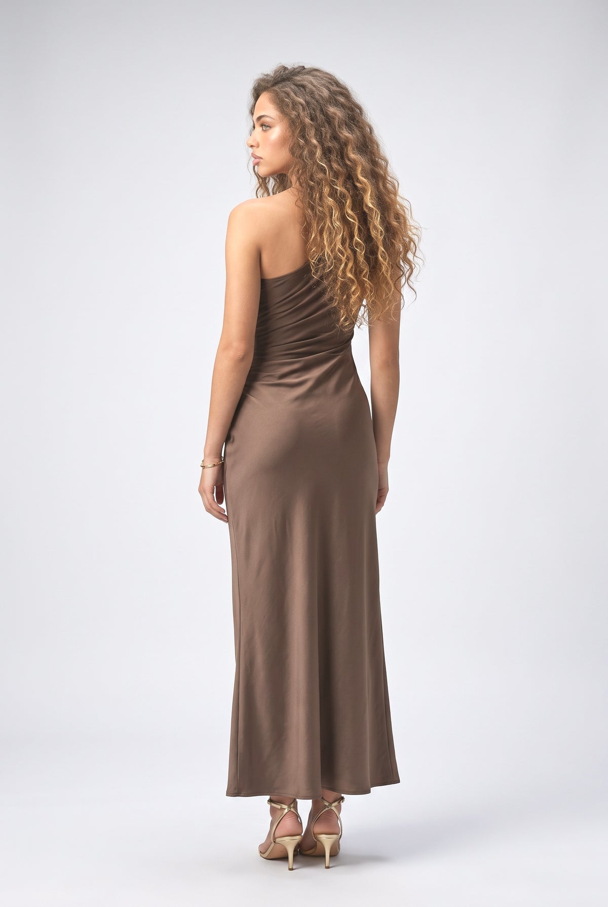 One Shoulder Neck Pleated Party Maxi Dress, back view